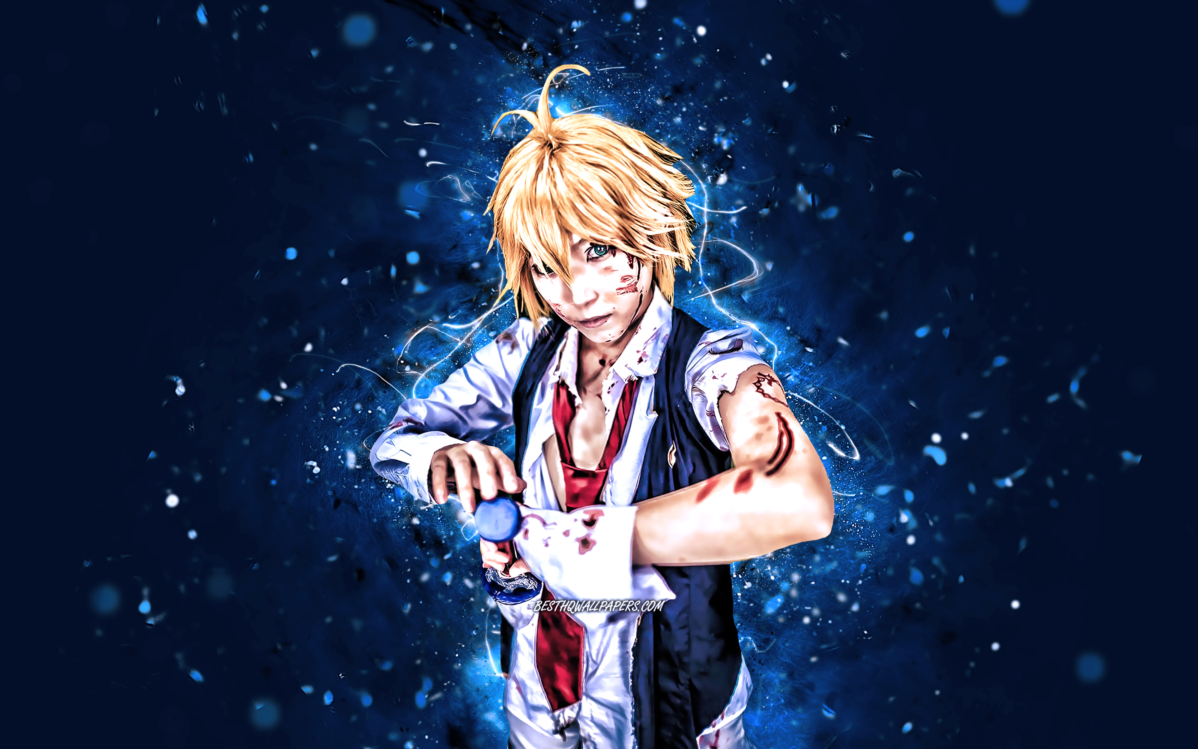 Download wallpaper Meliodas, 4k, blue neon lights, The Seven Deadly Sins, protagonist, manga, Nanatsu no Taizai, Meliodas 4K for desktop with resolution 3840x2400. High Quality HD picture wallpaper