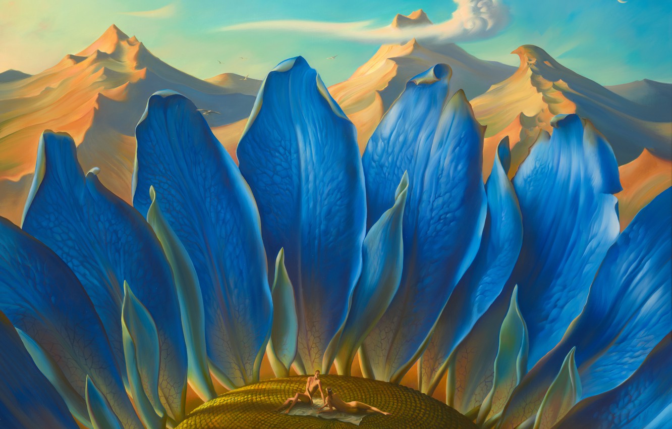 Wallpaper the sky, clouds, mountains, surrealism, picture, painting, the magical world, Metamorphosis, Vladimir Kush, blue sunflower image for desktop, section живопись