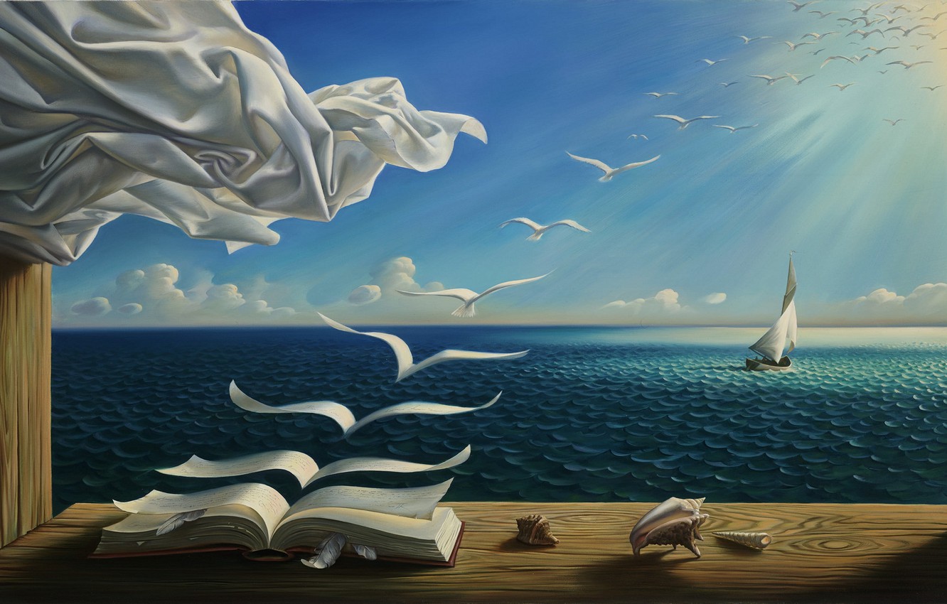 Wallpaper sea, wave, clouds, birds, picture, horizon, window, sail, book, shell, painting, the rays of the sun, sunlight, Vladimir Kush, SURREALISM image for desktop, section живопись