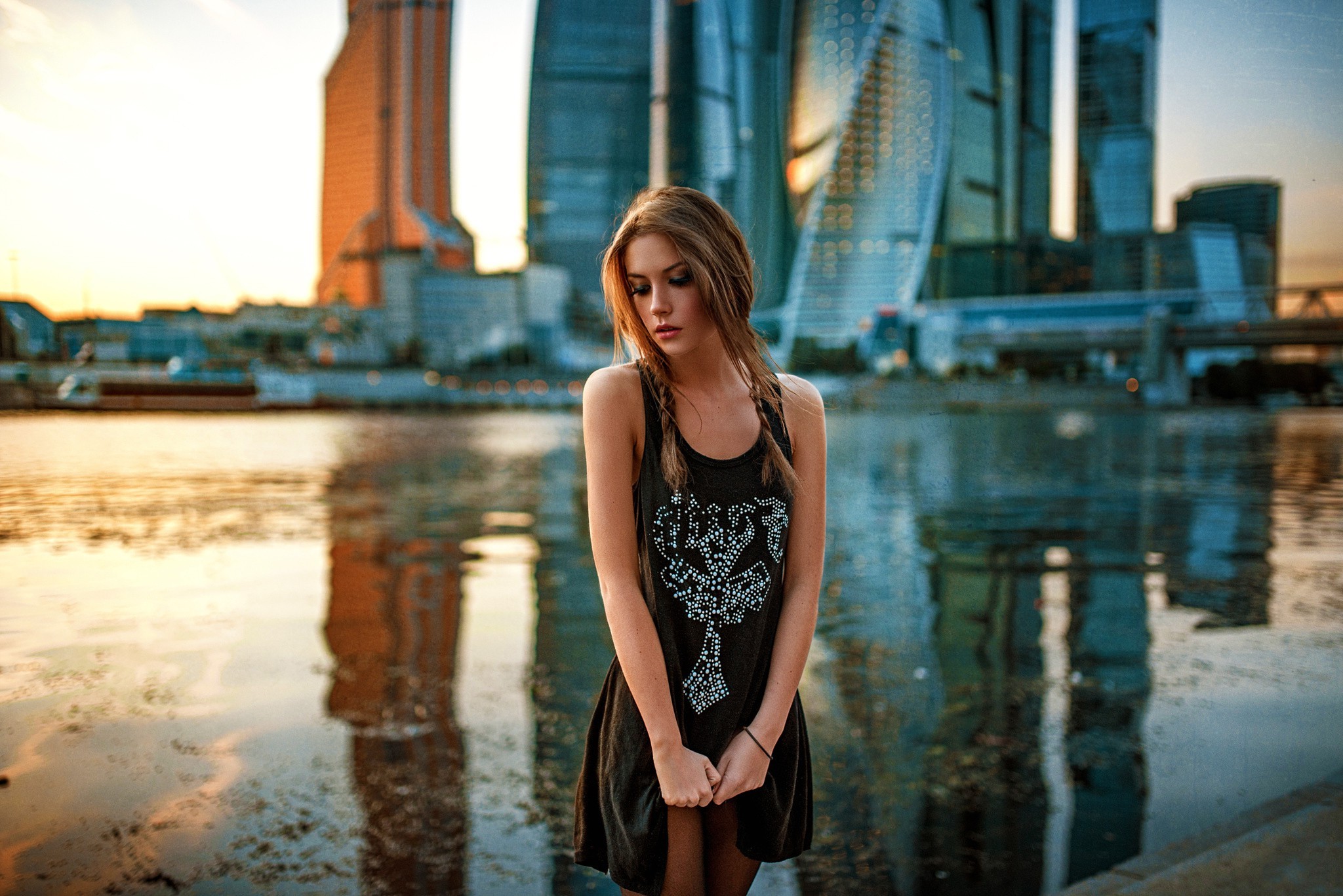 women, Dress, Brunette, River, City, Looking Down, Model Wallpaper HD / Desktop and Mobile Background