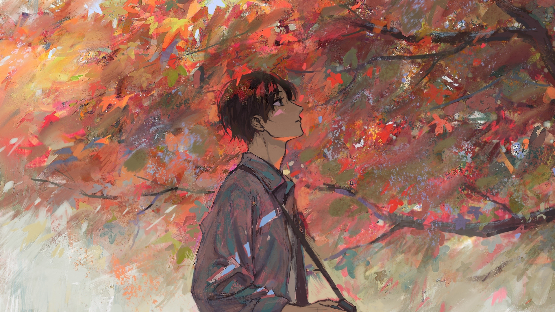 Download anime boy, autumn, tree, artwork 1920x1080 wallpaper, full hd, hdtv, fhd, 1080p wallpaper, 1920x1080 HD image, background, 18161