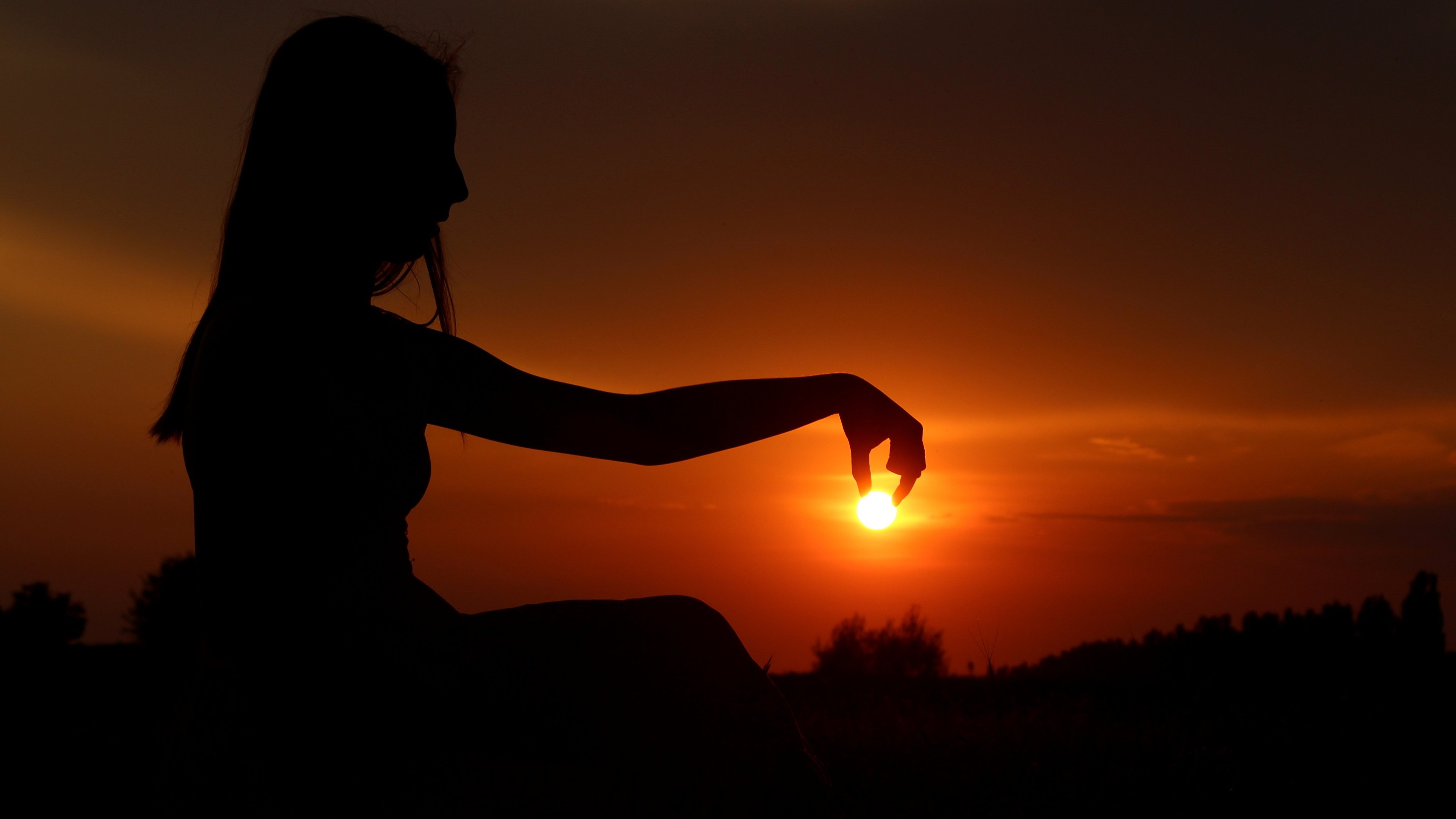 Picture Silhouette Sun Girls sunrise and sunset Hands 3840x2160
