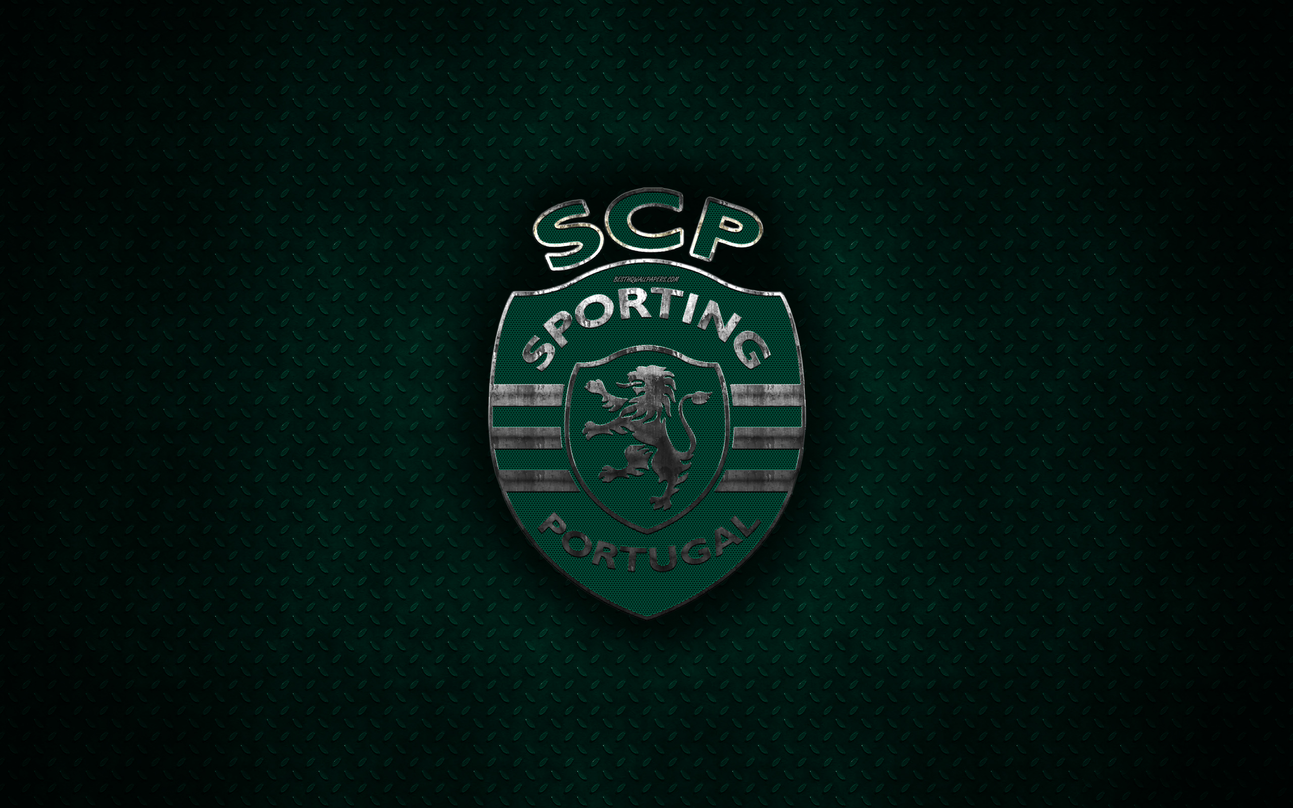 Download wallpaper Sporting CP, 4k, metal logo, creative art, Portuguese football club, emblem, green metal background, Lisbon, Portugal, Sporting for desktop with resolution 2560x1600. High Quality HD picture wallpaper
