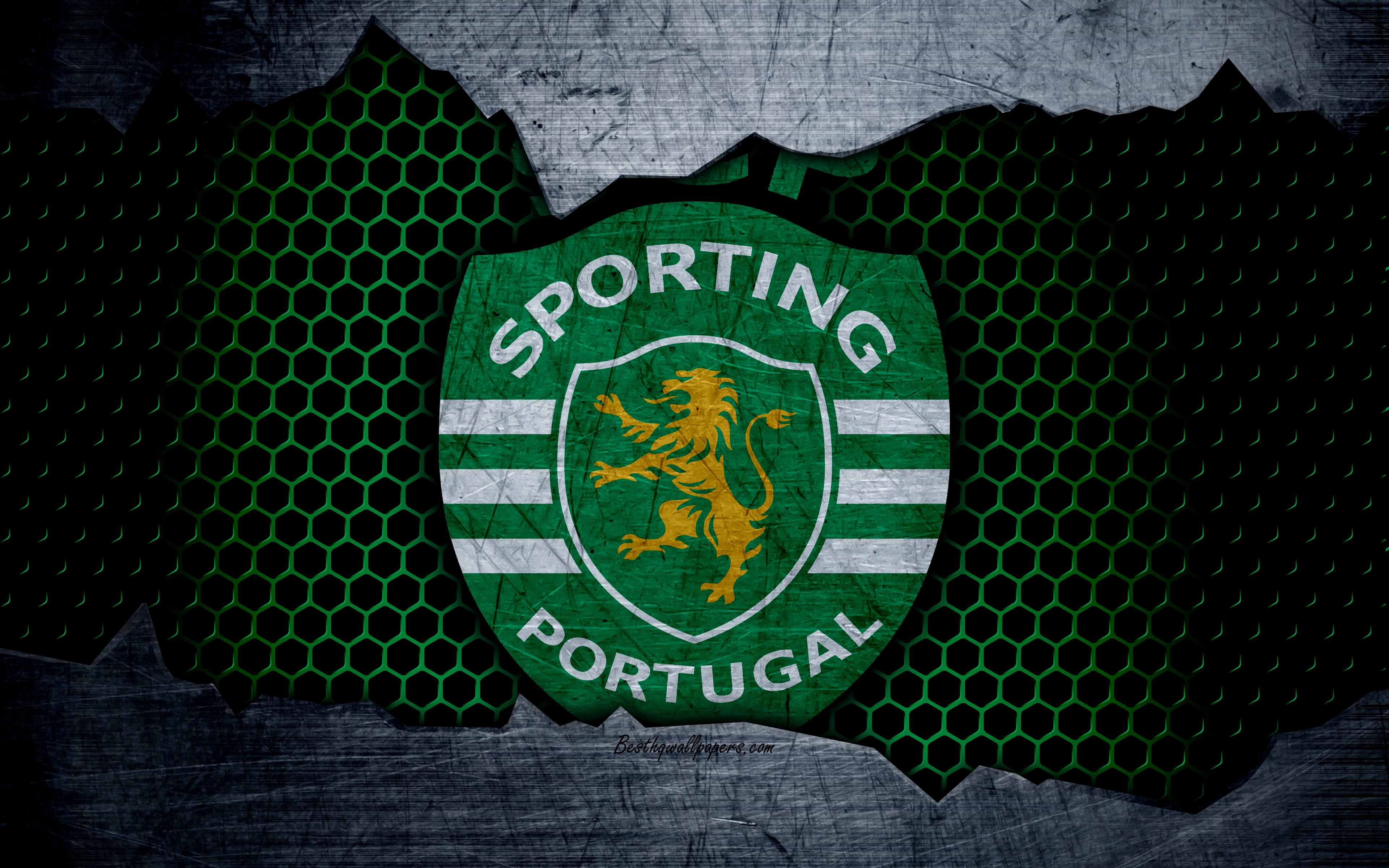 Download wallpaper Sporting, 4k, logo, Primeira Liga, soccer, Sporting Lisboa, football club, Sporting CP, Portugal, grunge, metal texture, Sporting FC for desktop with resolution 3840x2400. High Quality HD picture wallpaper