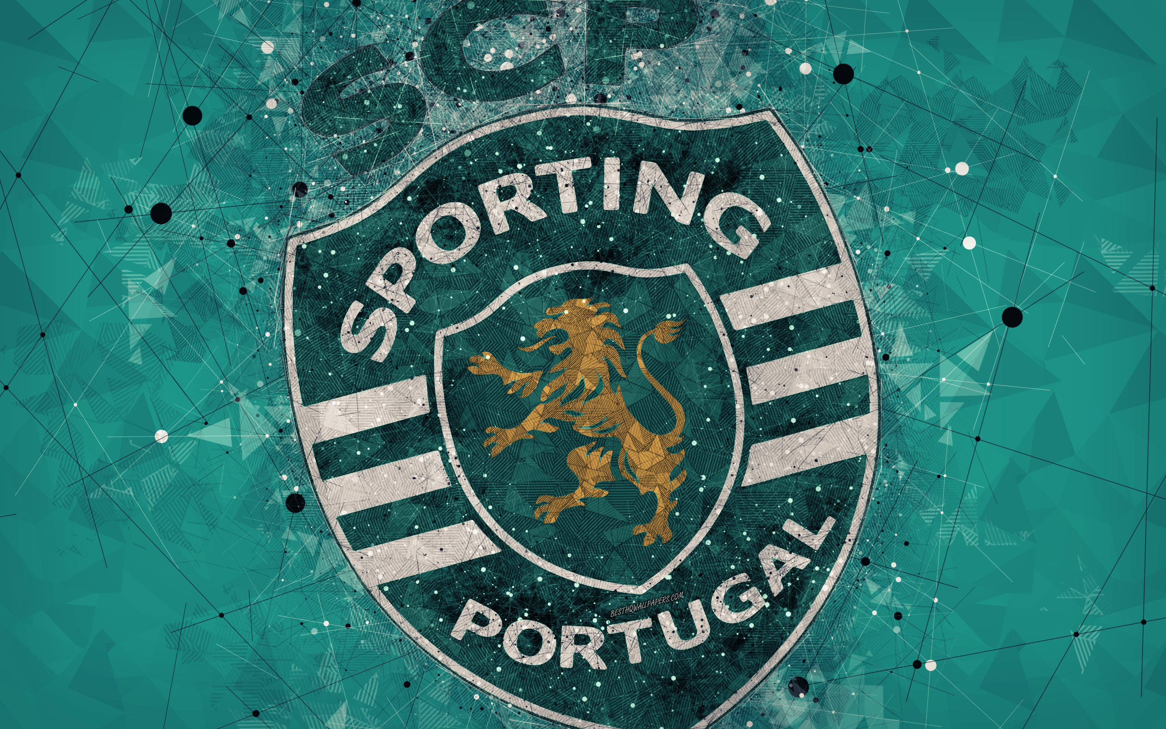 Download wallpaper Sporting CP, 4k, geometric art, logo, Portuguese football club, emblem, green background, Primeira Liga, Lisbon, Portugal, football, creative art, Sporting FC for desktop with resolution 3840x2400. High Quality HD picture