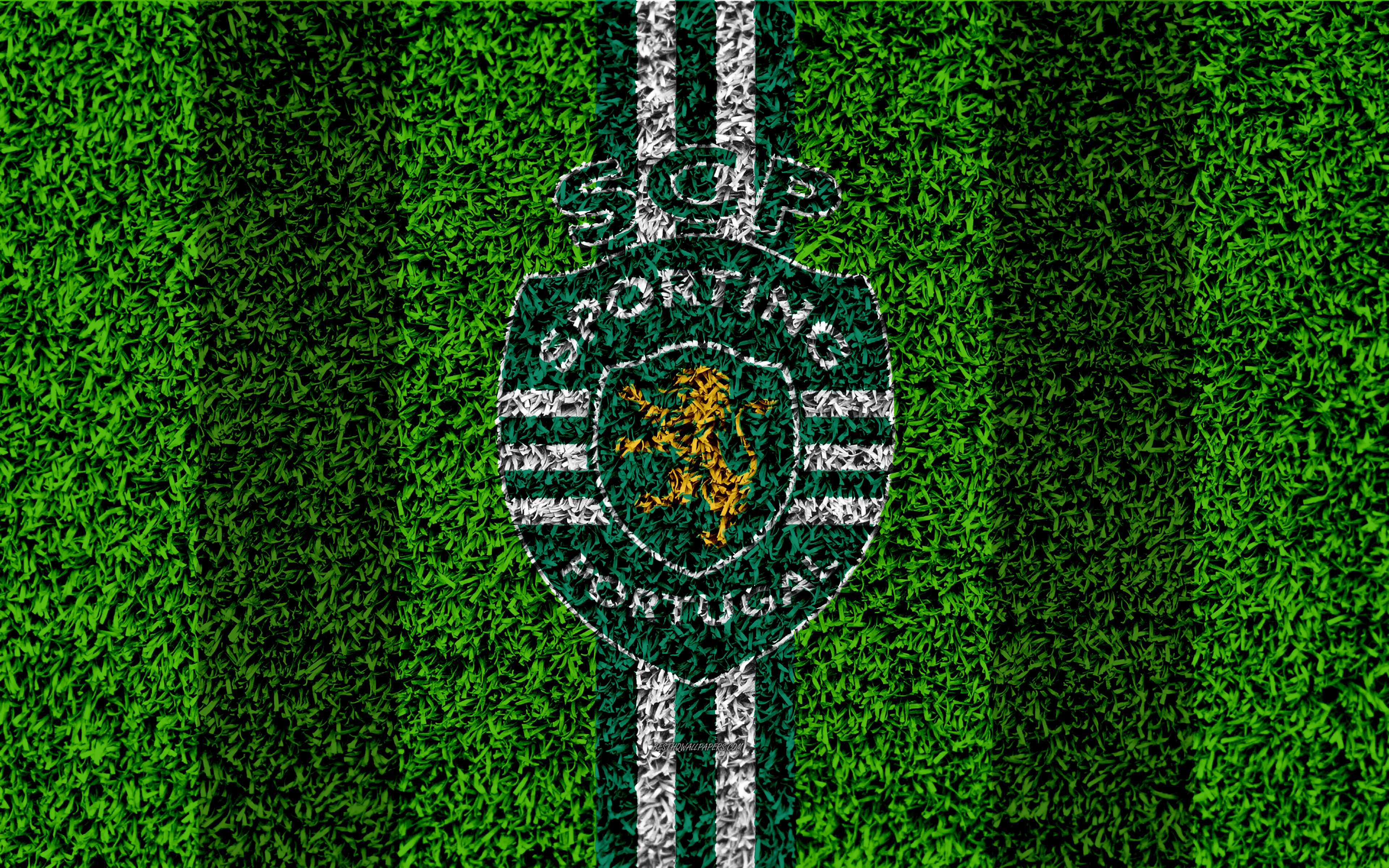 Download wallpaper Sporting CP, 4k, logo, football lawn, Portuguese football club, green white lines, Primeira Liga, Lisbon, Portugal, football, Sporting FC for desktop with resolution 3840x2400. High Quality HD picture wallpaper