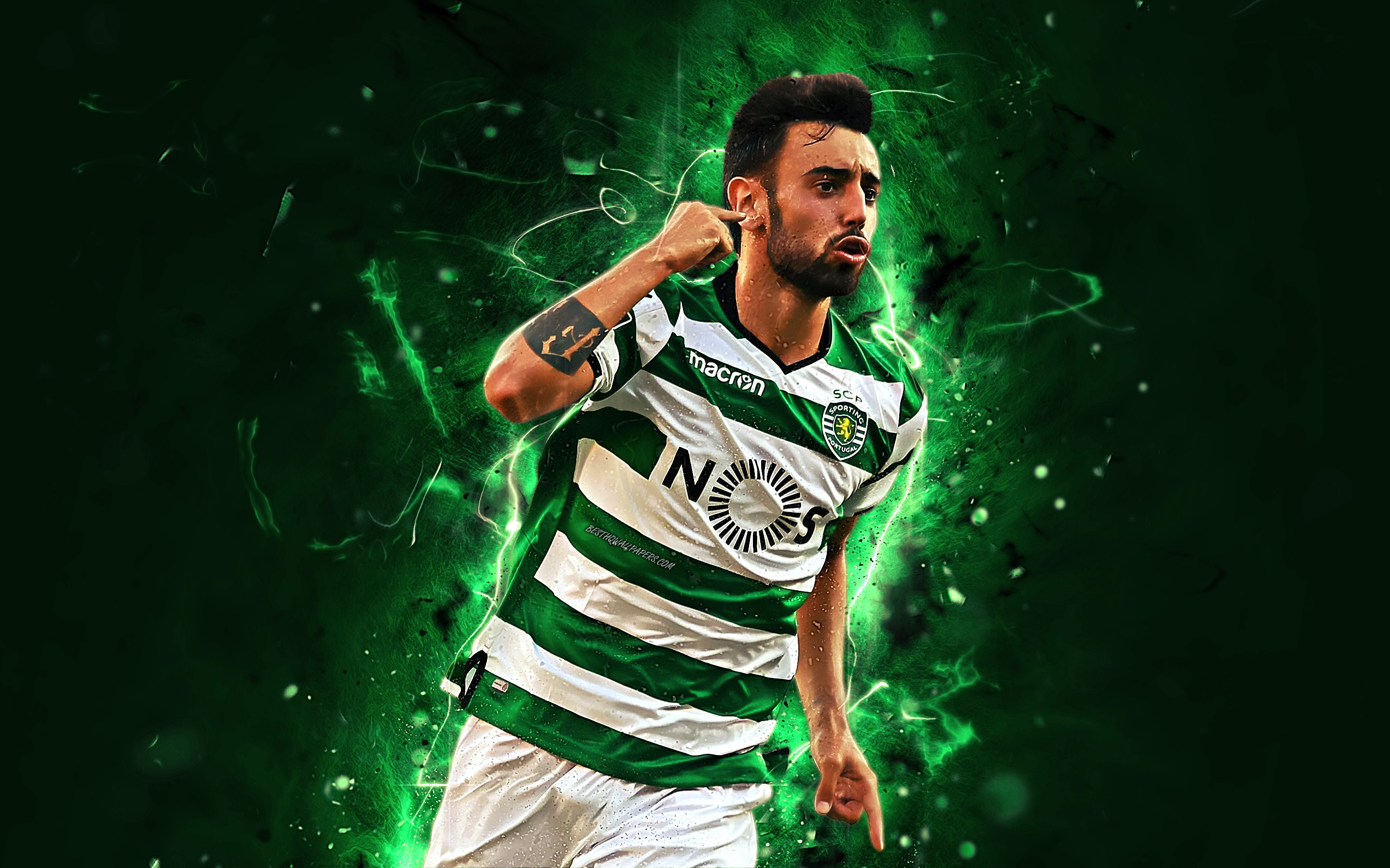 Download wallpaper Bruno Fernandes, goal, abstract art, Portuguese footballers, Sporting FC, soccer, Fernandes, Primeira Liga, neon lights, Sporting CP for desktop with resolution 2880x1800. High Quality HD picture wallpaper
