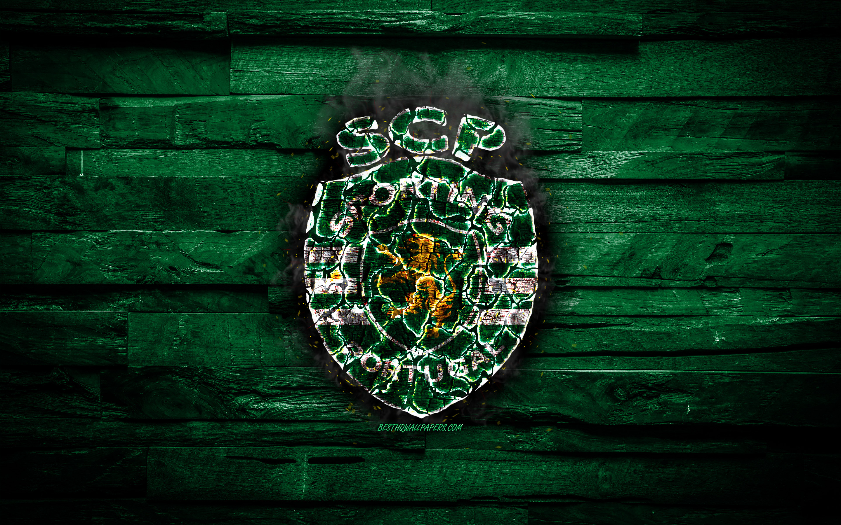Download wallpaper Sporting FC, burning logo, Primeira Liga, green wooden background, portuguese football club, Sporting CP, grunge, football, soccer, Sporting logo, Lisbon, Portugal for desktop with resolution 2880x1800. High Quality HD picture