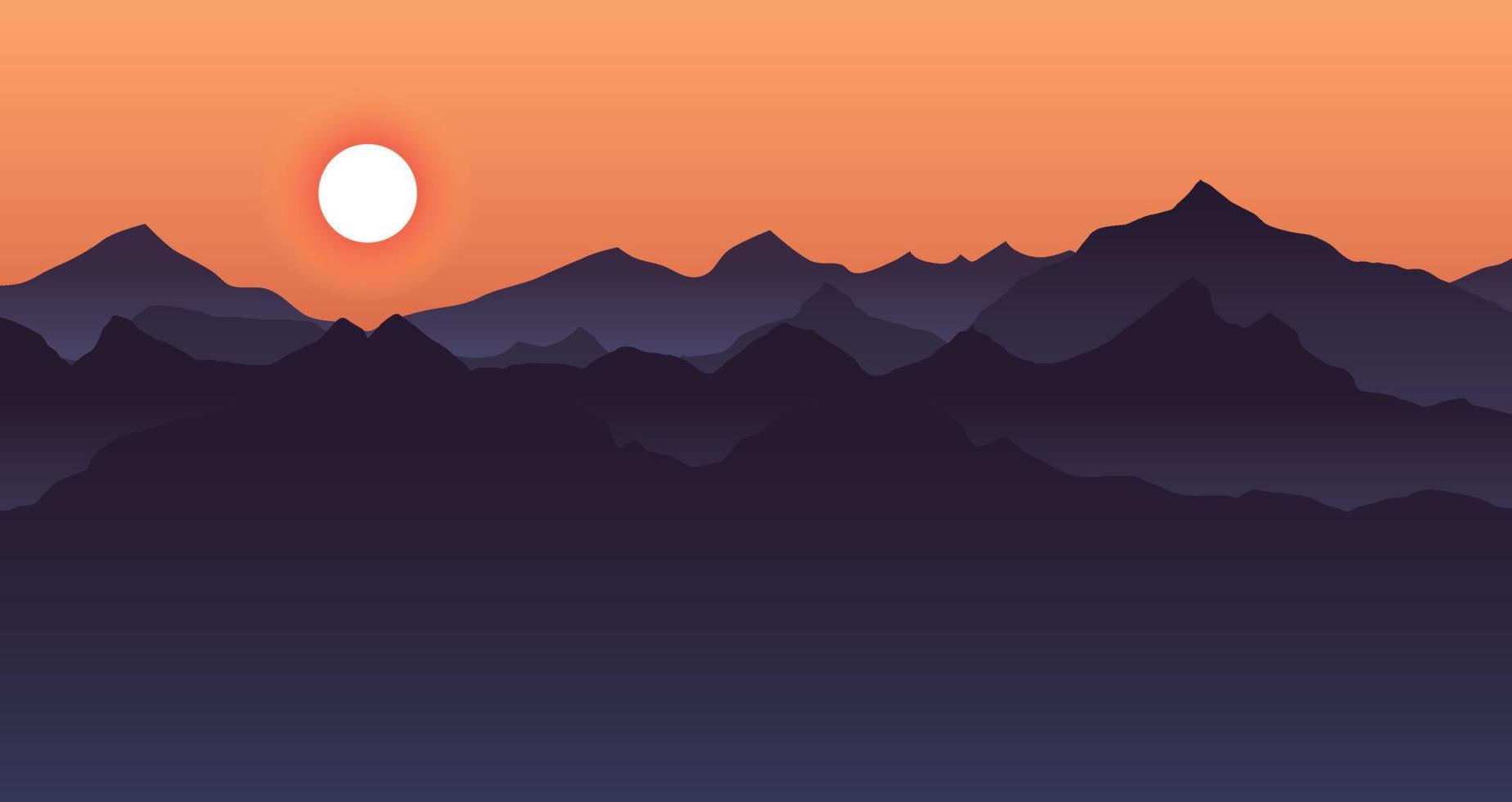 Beautiful blue mountain landscape with sunrise and sunset in mountains background. Dark, night time. Outdoor and hiking concept. Sun in the sky. Vector. Good for wallpaper, site banner, cover, poster Vector