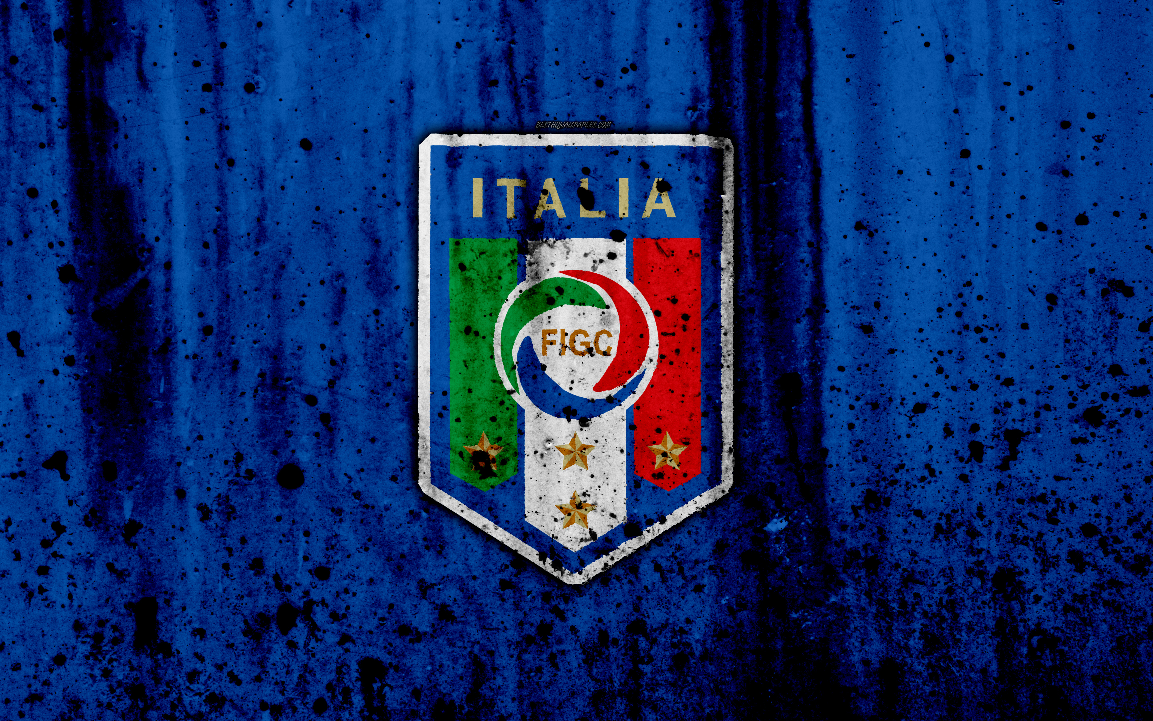 Download wallpaper Italy national football team, 4k, logo, grunge, Europe, football, stone texture, soccer, Italy, European national teams for desktop with resolution 3840x2400. High Quality HD picture wallpaper