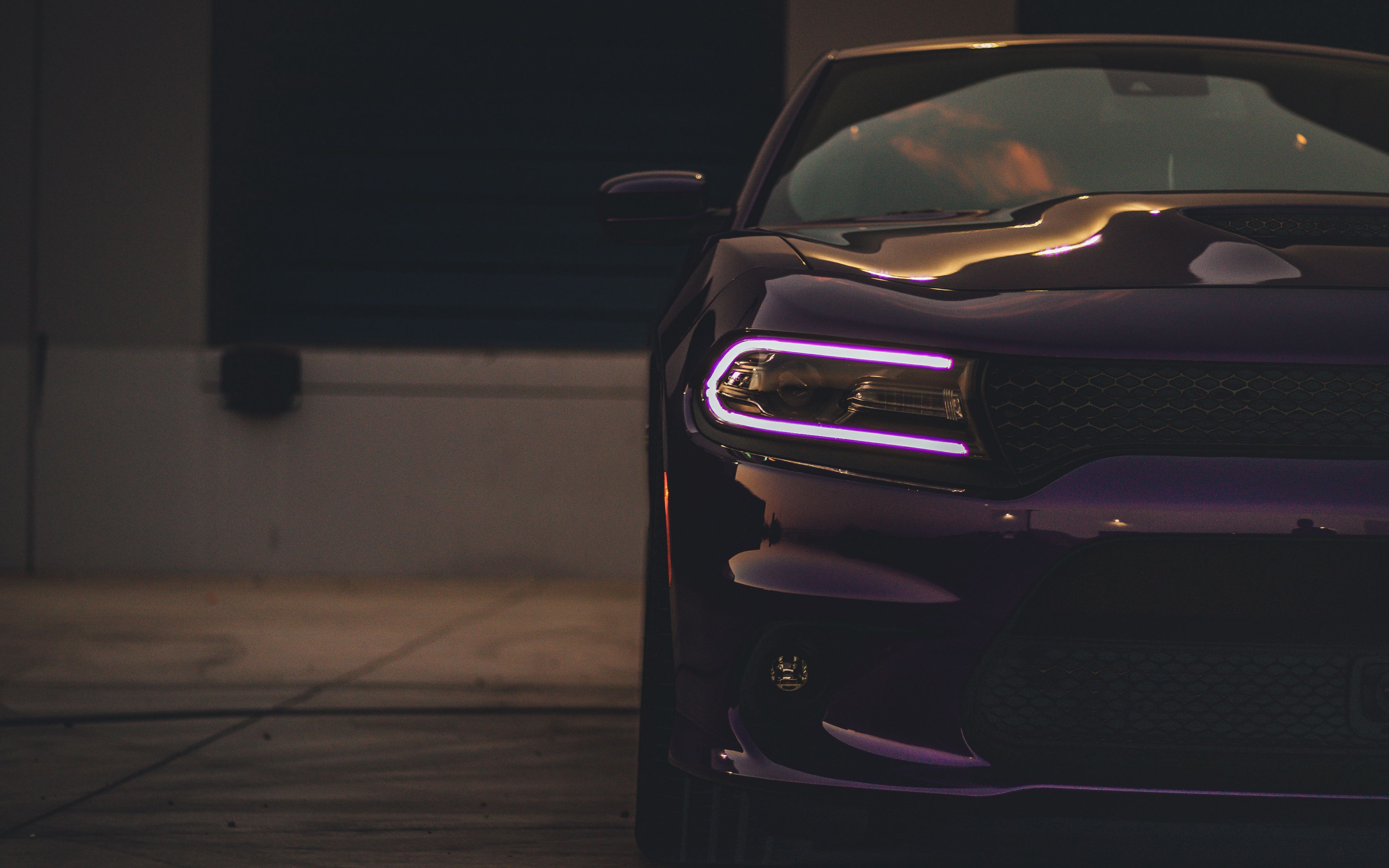 Download wallpaper 3840x2400 dodge charger, headlight, car, purple, light 4k ultra HD 16:10 HD background