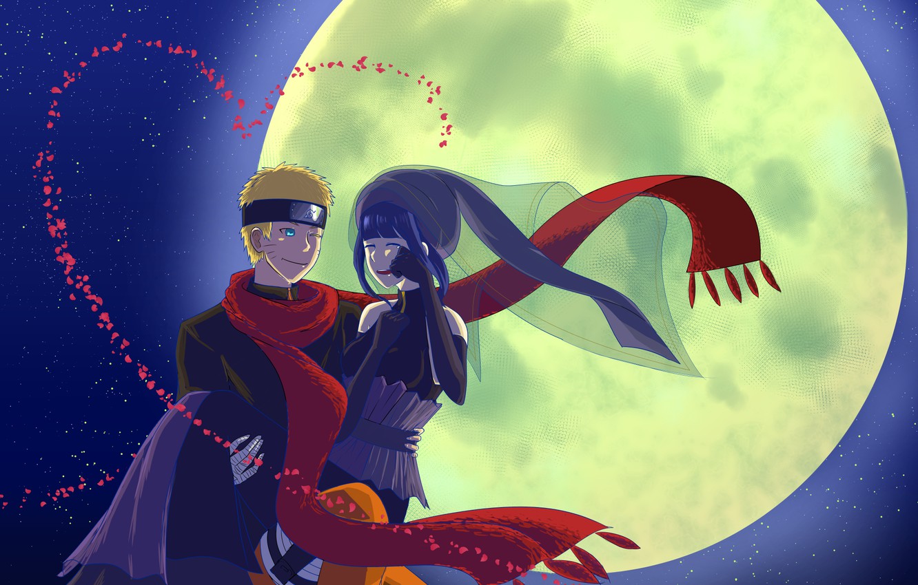 Wallpaper night, the moon, naruto, art, Uzumaki Naruto, Naruto The Movie the Last, Hinata Hyugo, red scarf image for desktop, section сёнэн