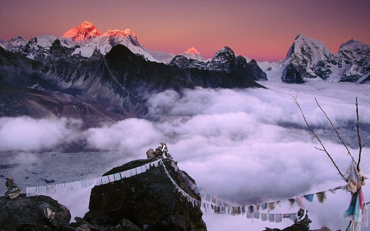 Download wallpaper 1280x800 peak, top, mountains, ropes, fabric, nepal, everest widescreen 16:10 HD background