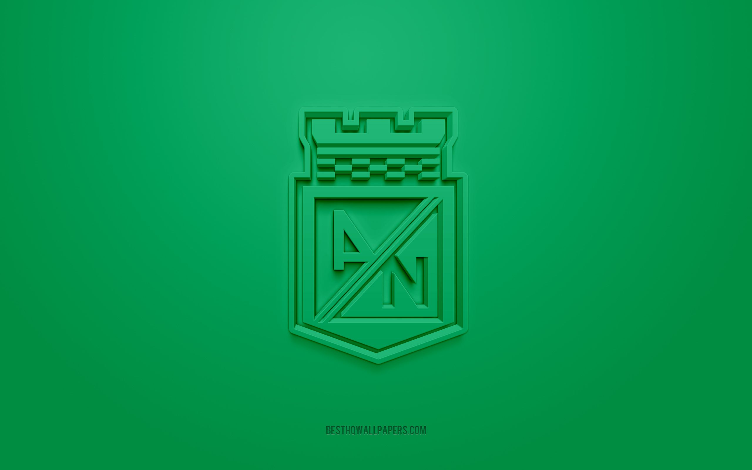 Download wallpaper Atletico Nacional, creative 3D logo, green background, 3D emblem, Colombian football club, Categoria Primera A, Medellin, Colombia, 3D art, football, Atletico Nacional 3D logo for desktop with resolution 2560x1600. High