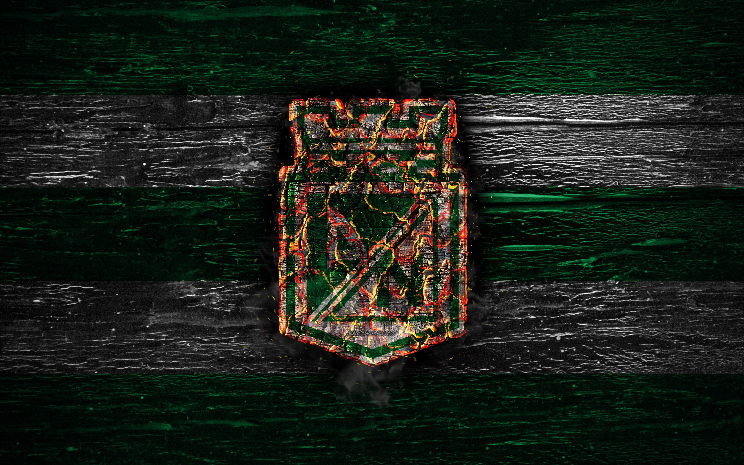 Download wallpaper Atletico Nacional FC, fire logo, Liga Aguila, green and white lines, Colombian football club, grunge, football, Categoria Primera A, Atletico Nacional SA, soccer, Atletico Nacional logo, wooden texture, Colombia for