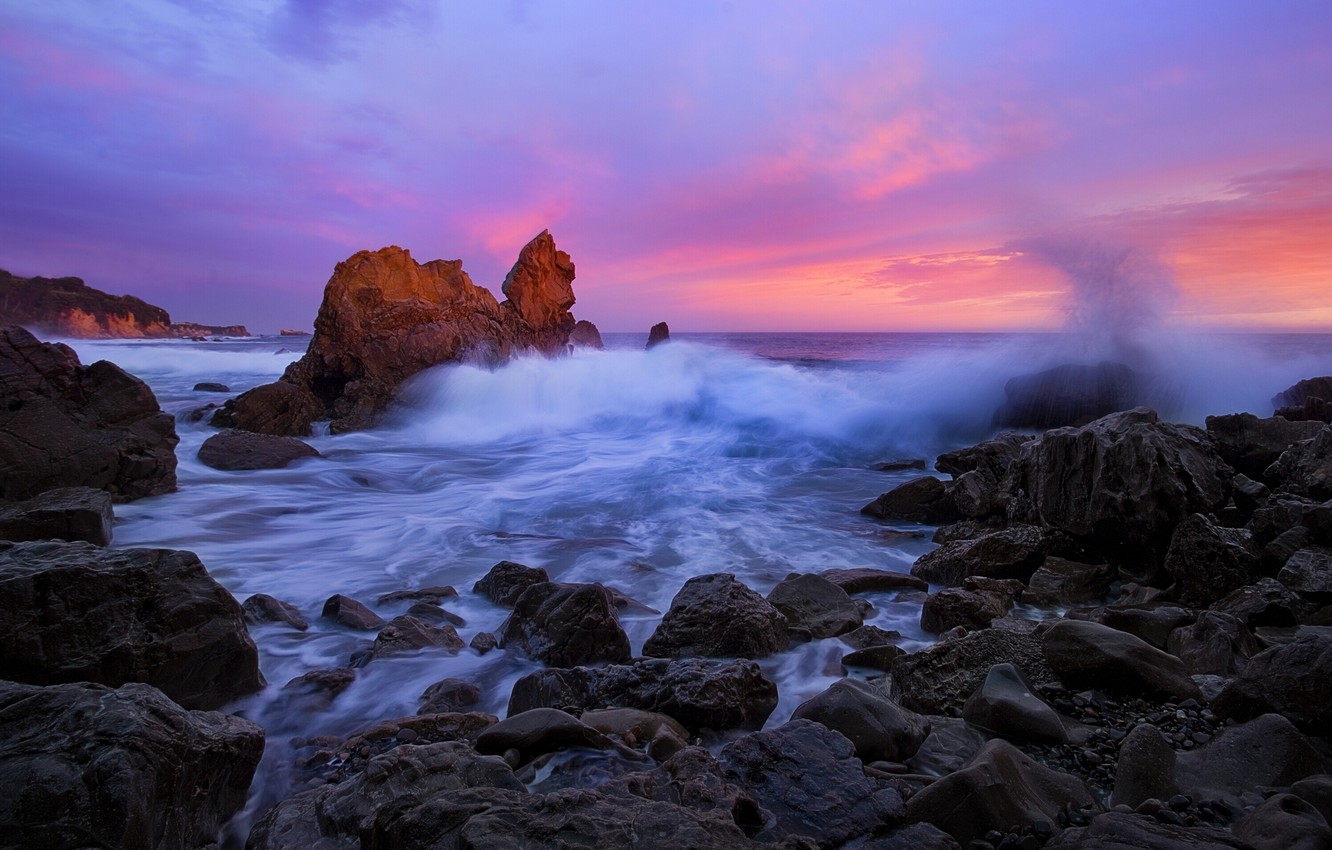 Wallpaper wave, sunset, stones, the ocean, rocks, CA, Pacific Ocean, California, The Pacific ocean, Corona del Mar, Corona Del Mar image for desktop, section пейзажи