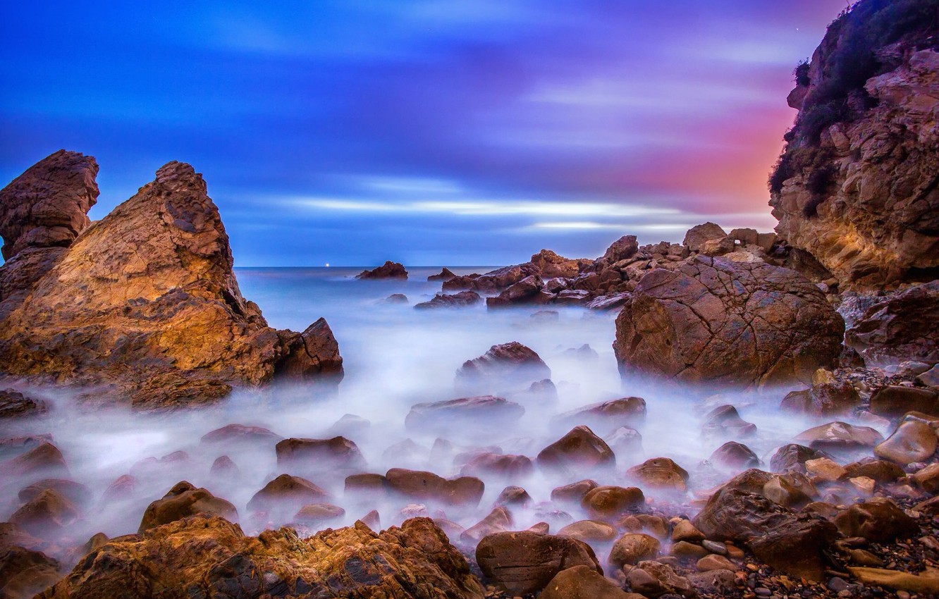 Wallpaper beach, stones, the ocean, rocks, dawn, California, USА, Corona del Mar image for desktop, section пейзажи