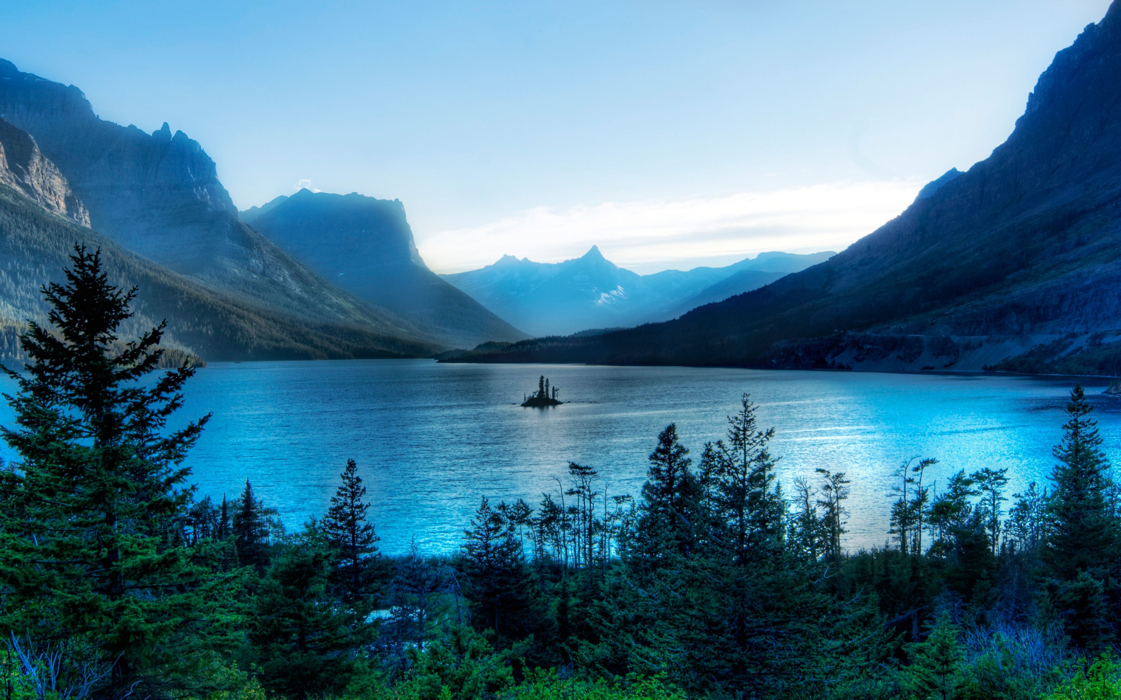 Download wallpaper Glacier National Park, 4k, summer, american landmarks, mountains, beautiful nature, twilight, America, USA, forest for desktop with resolution 3840x2400. High Quality HD picture wallpaper