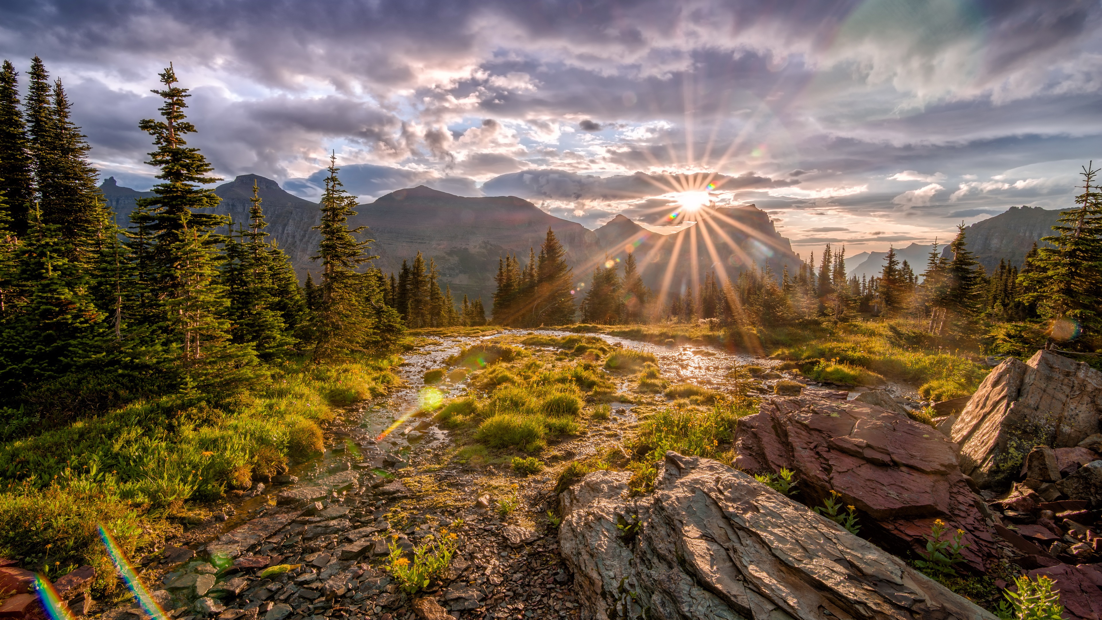 Wallpaper Glacier National Park, mountains, trees, stones, sun rays, autumn, USA 3840x2160 UHD 4K Picture, Image