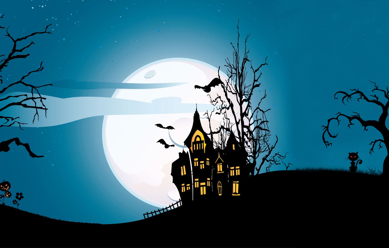 Wallpaper cat, trees, castle, vector, vector, bat, horror, horror, trees, cat, bat, midnight, castle, midnight, creepy, creepy image for desktop, section праздники