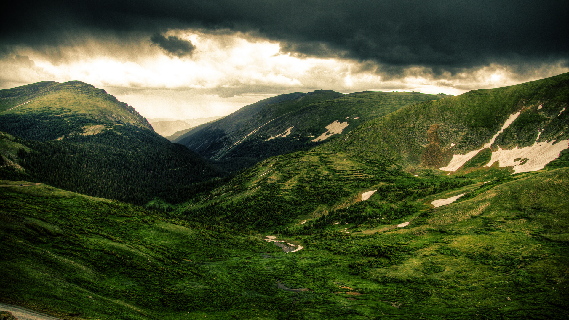Nature landscapes mountains trees forest green sky clouds rain storm sunlight light drops wallpaperx1080