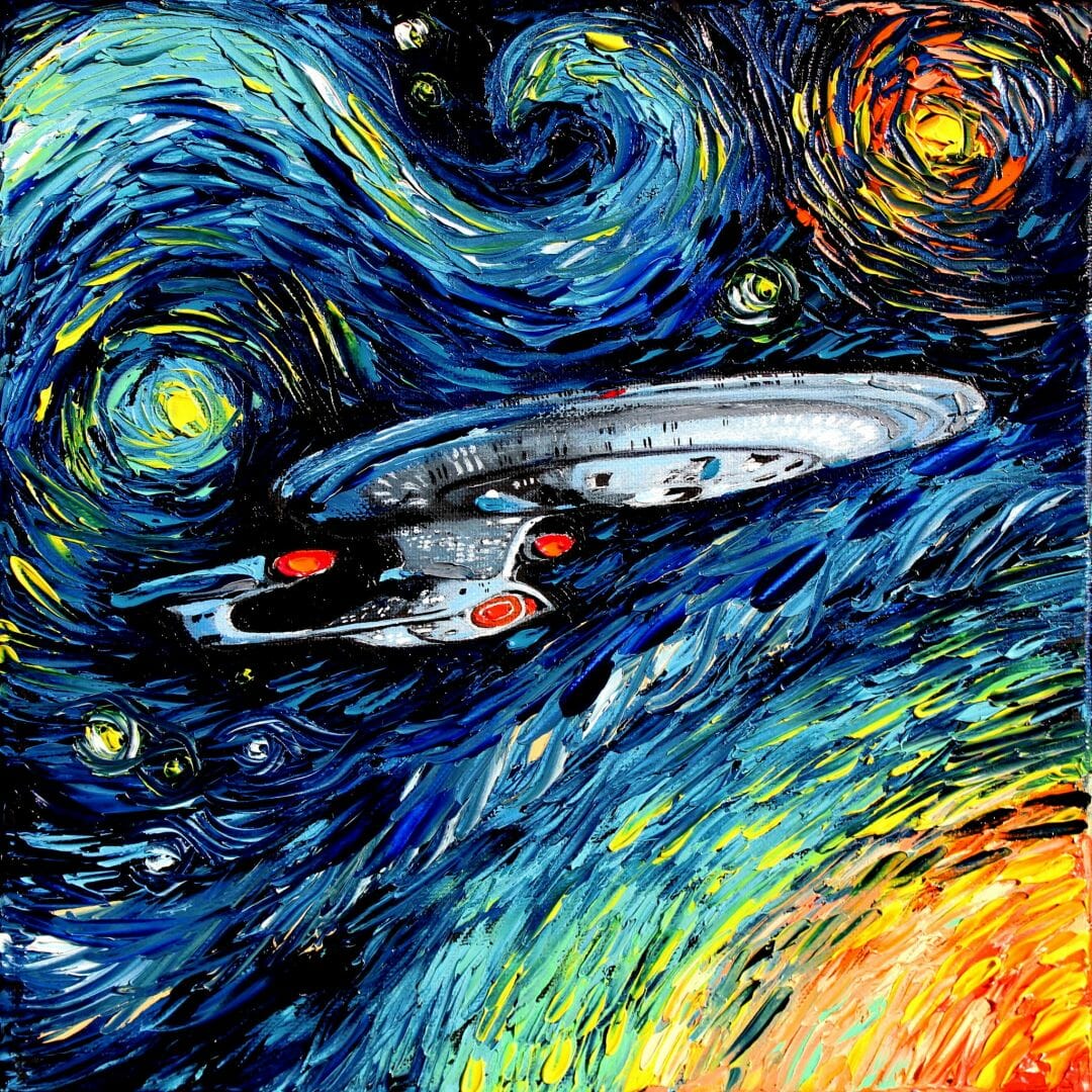 The Starry Night Traditional Art The Next Generation Starry Night Colorful Star Trek Star Trek: The Next Generation Vincent Van Gogh Tv Series Spaceship Artwork Painting Humor / iPh (png / jpg)