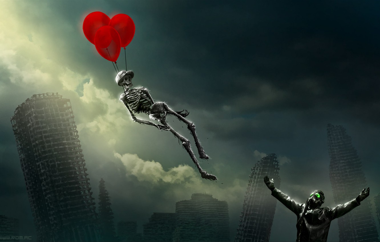 Wallpaper skeleton, pilot, skyscrapers, balloons, romance of the Apocalypse, romantically apocalyptic, pilot image for desktop, section фантастика