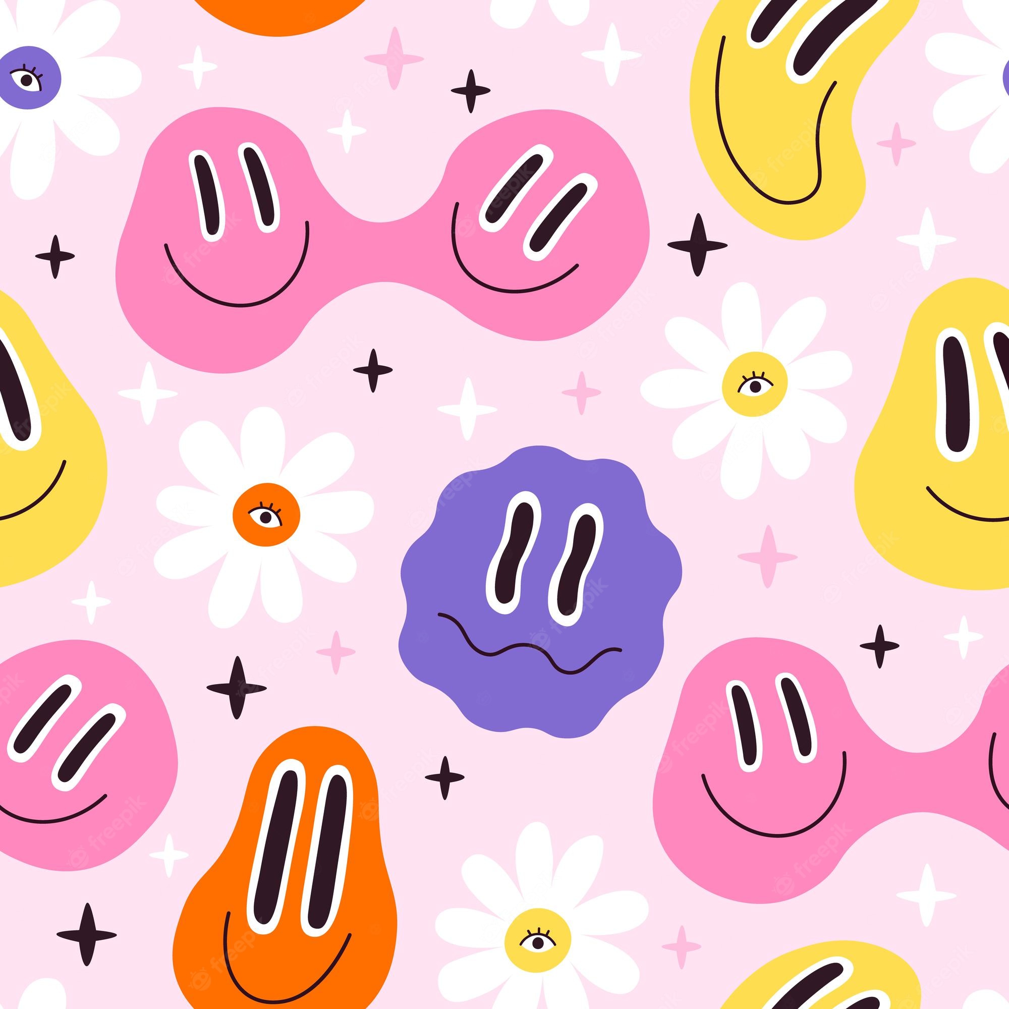 Premium Vector. Melted smiley faces and flowers, trippy seamless pattern. retro hippie psychedelic distorted emoji. lava lamp smiley face vector wallpaper