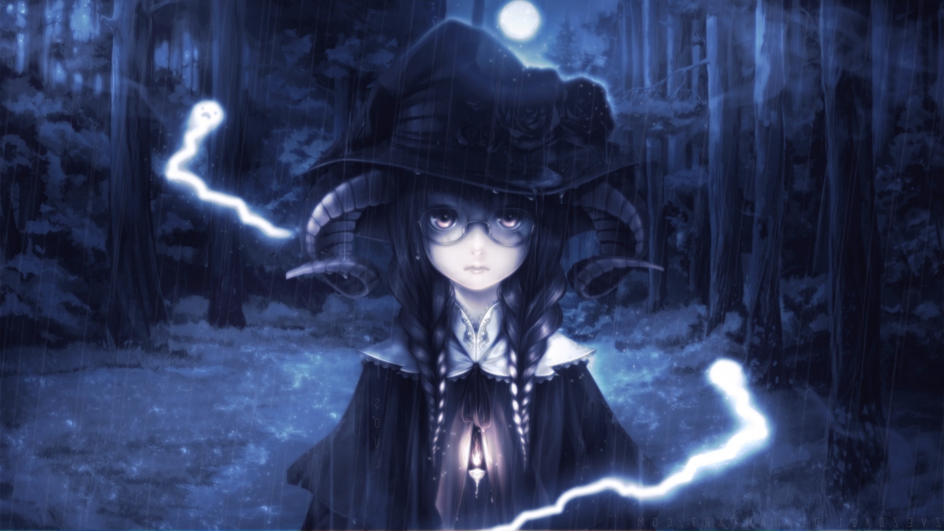 Wallpaper Anime Girl, Horns, Ghostd, Forest, Glasses, Moon, Witch:1920x1080