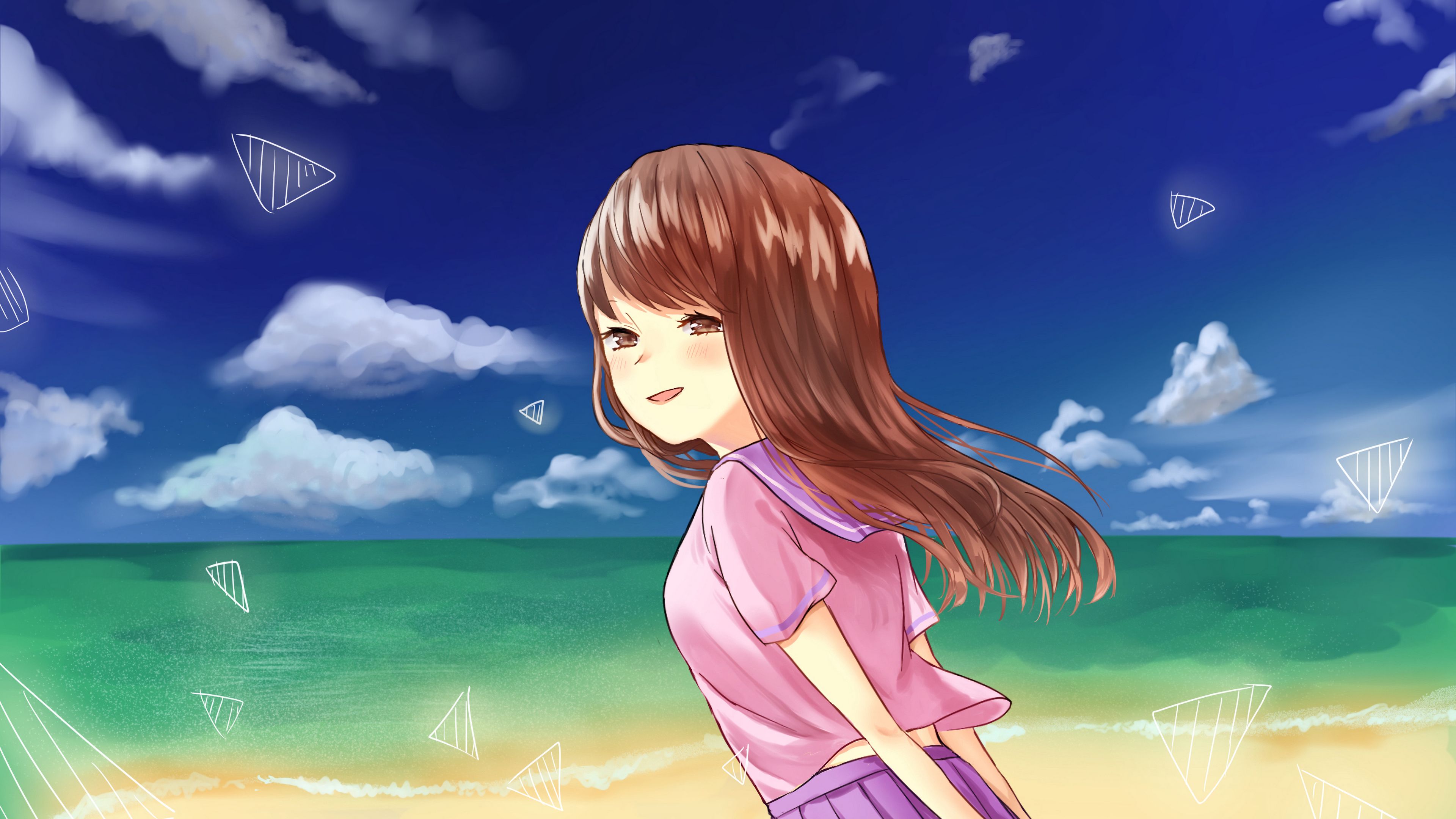 Download wallpaper 3840x2160 girl, glance, sea, beach, anime 4k uhd 16:9 HD background