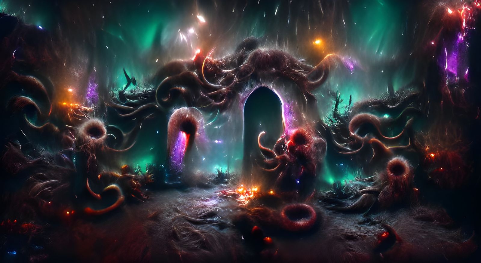 horrific eldritch portal to yogsothoth of madness and lovecraftian tentacles surrounded by the cosmic void of space 8k resolution detailed painting trending on Artstation amazing horror wallpaper volumetric lighting