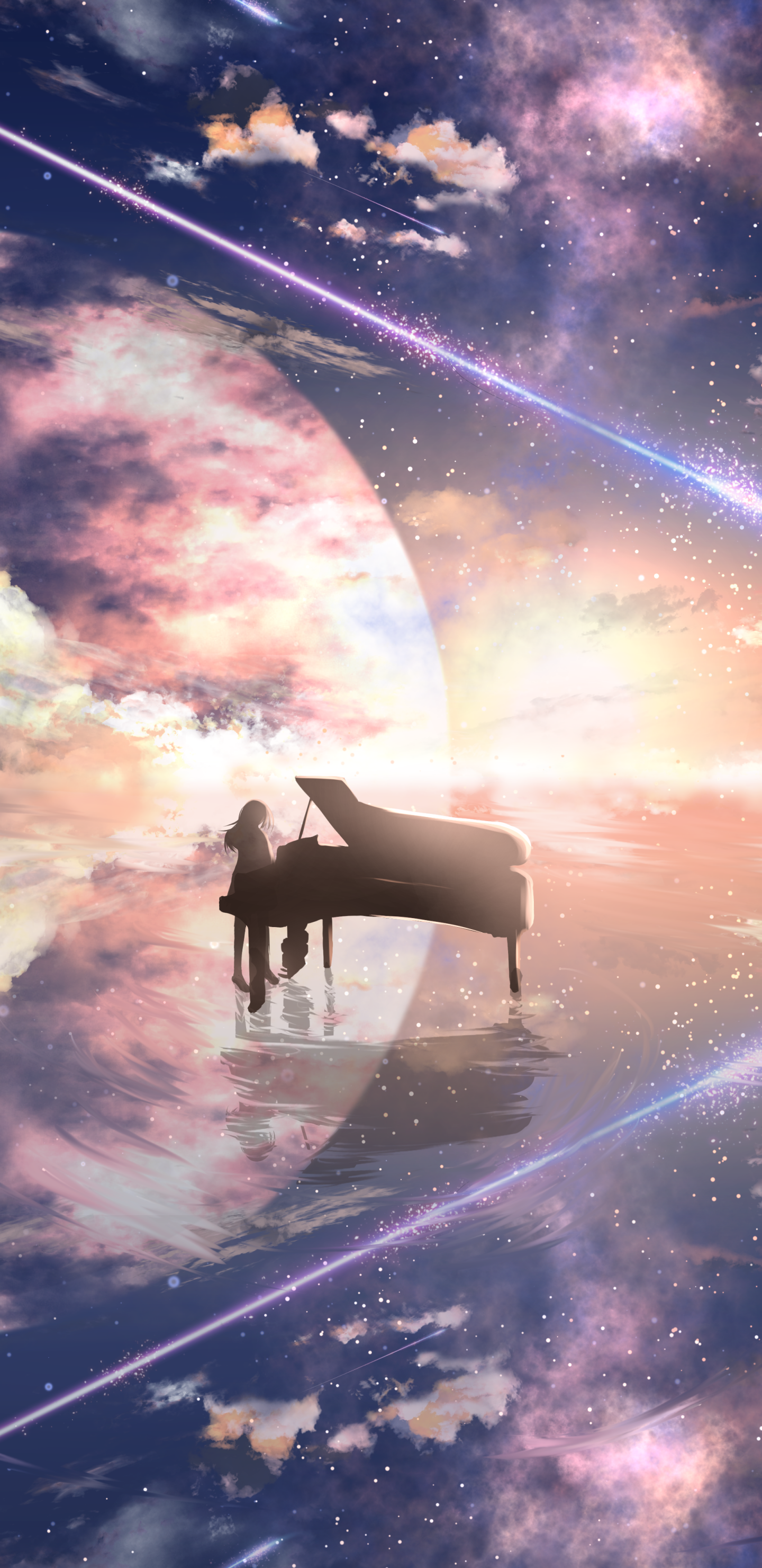 Anime girl playing a piano on a shallow lake, reflecting the planets above by ツチヤ