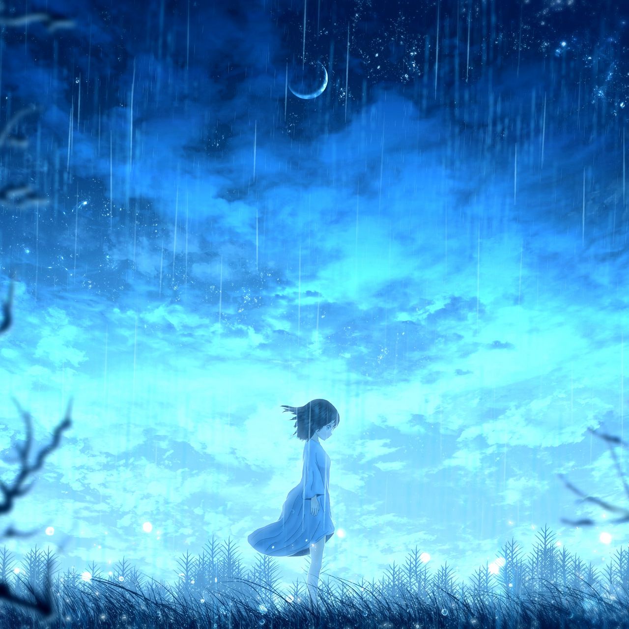 Download wallpaper 1280x1280 girl, rain, anime, light, bright ipad, ipad 2, ipad mini for parallax HD background