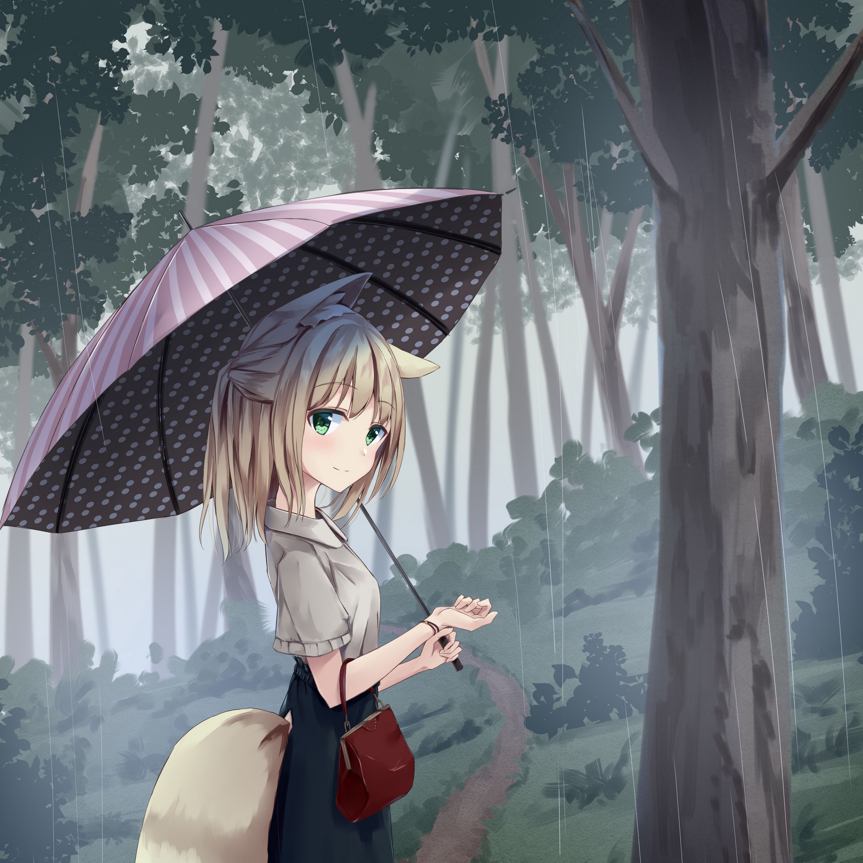 Download wallpaper 2780x2780 girl, neko, smile, umbrella, rain, forest, anime ipad air, ipad air 2, ipad 3, ipad 4, ipad mini 2, ipad mini 3, ipad mini 4, ipad pro 9.7 for parallax HD background