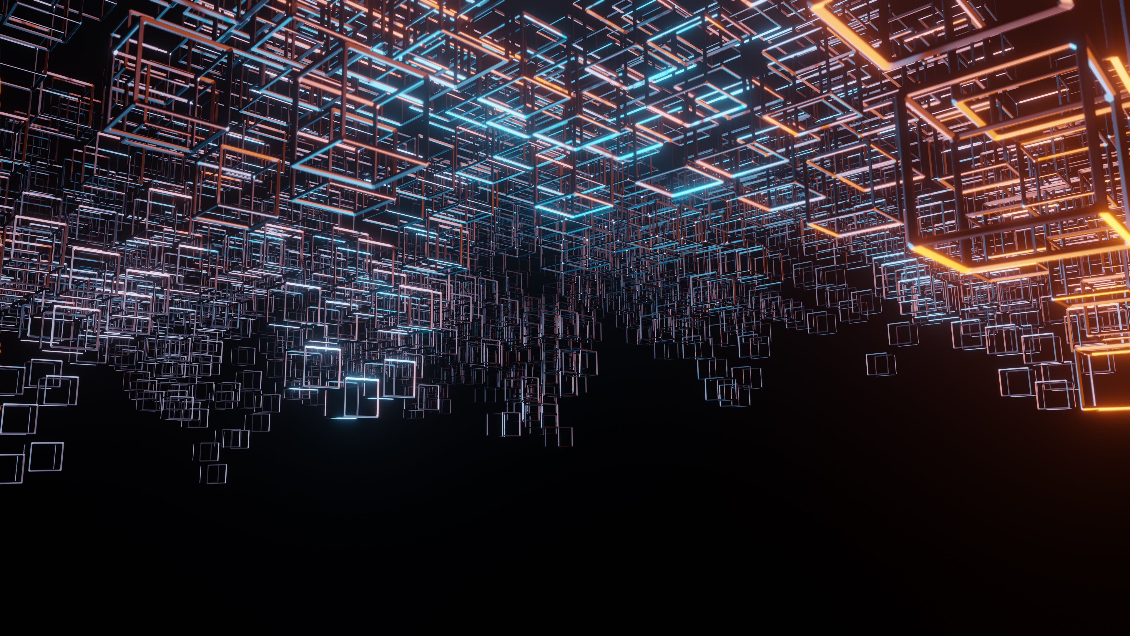 Cubes Wallpaper 4K, Structure, Black background, Neon, Lighting, Abstract