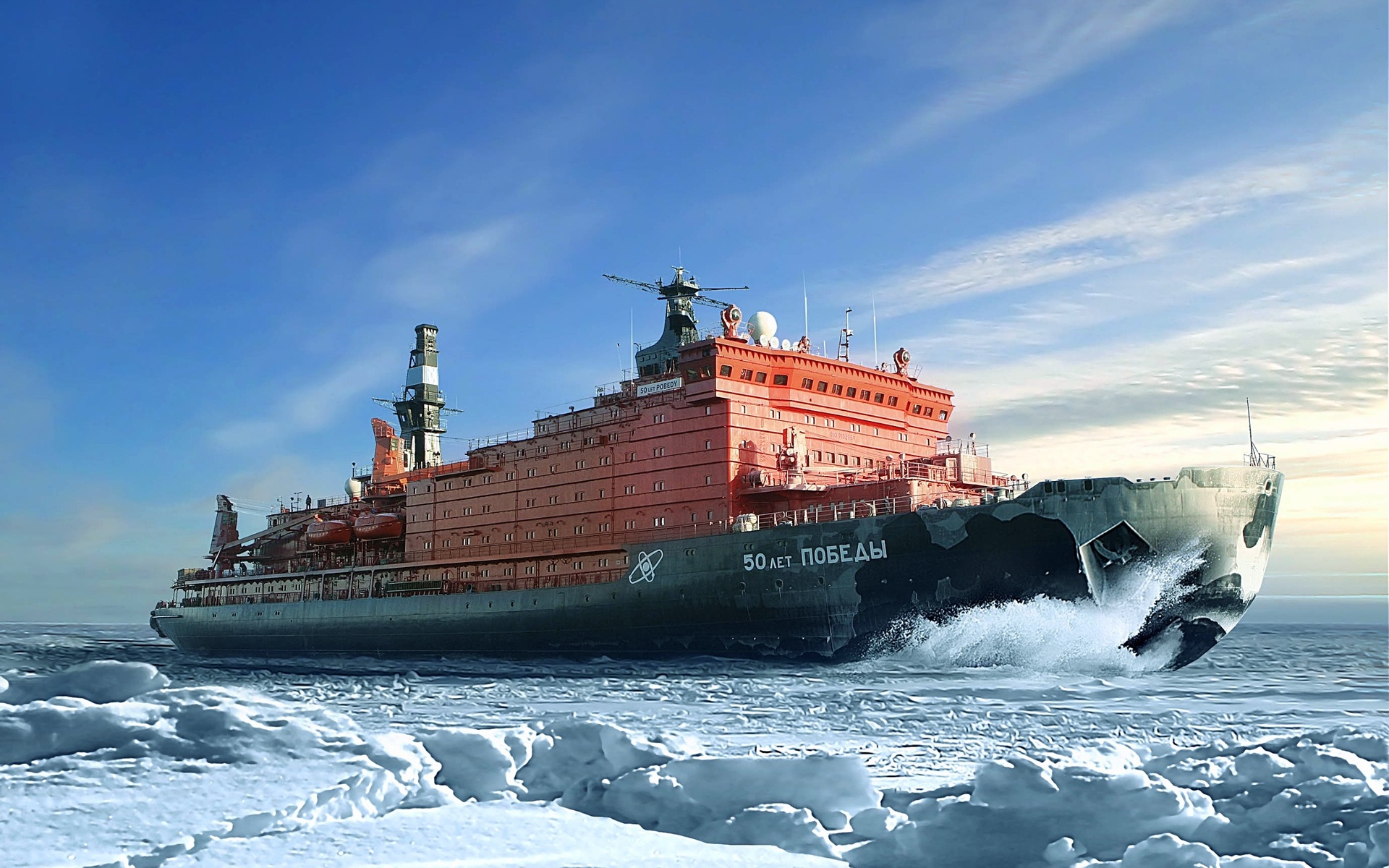 Download Wallpaper NS 50 Let Pobedy, Nuclear Powered Icebreaker, Arctic, 50 Years Of Victory, Sea For Desktop With Resolution 1920x1200. High Quality HD Picture Wallpaper