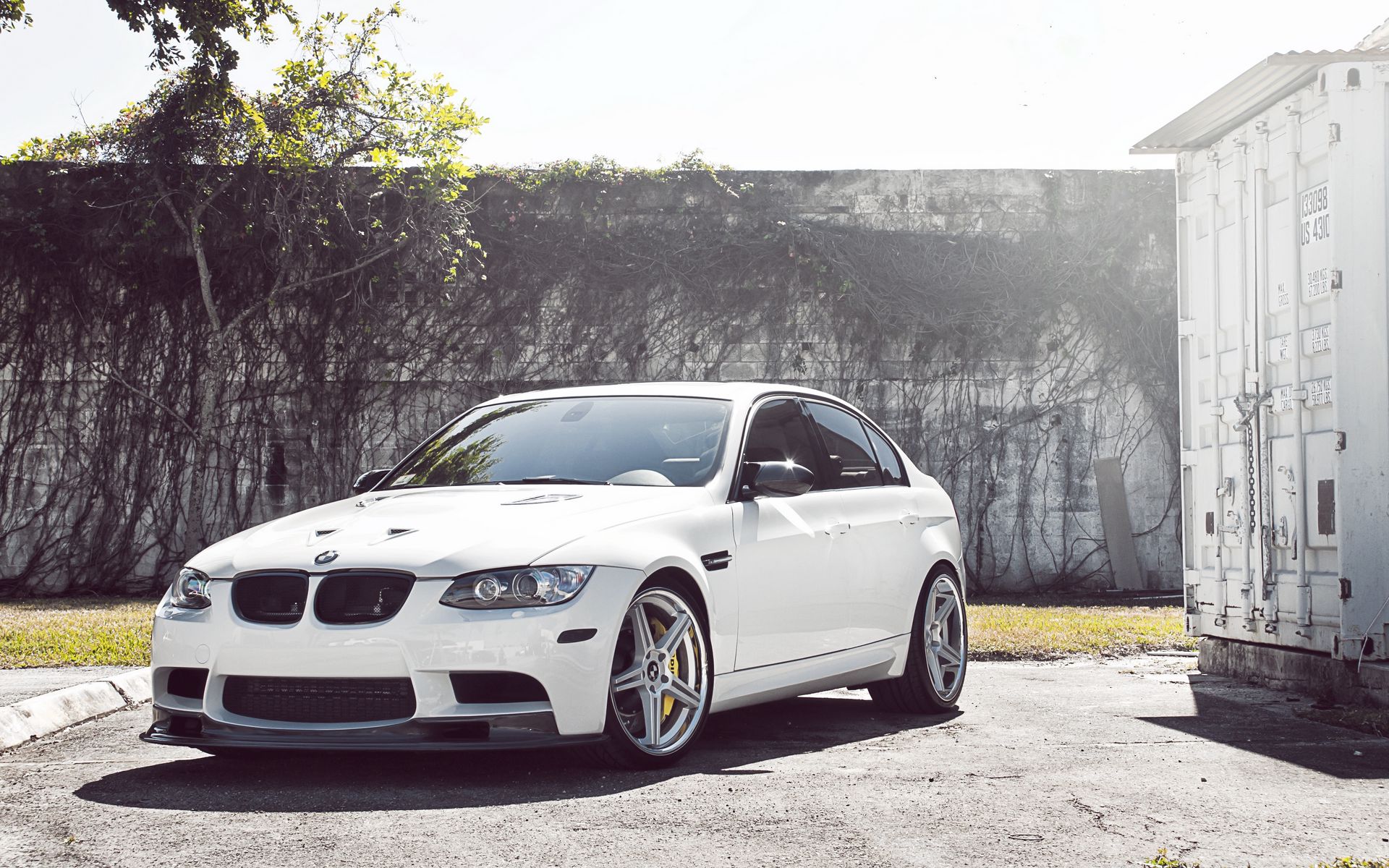 Download wallpaper 1920x1200 bmw, sedan, white, wheels, tree, m3, e90 widescreen 16:10 HD background