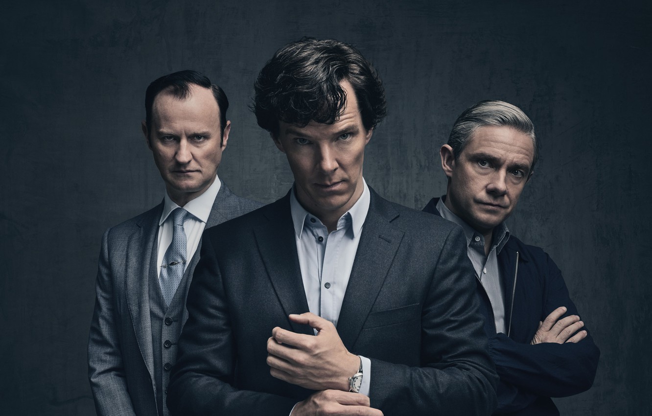Wallpaper background, trio, Martin Freeman, Benedict Cumberbatch, Benedict Cumberbatch, Sherlock, Mark Gatiss, Mycroft Holmes, Sherlock BBC, Sherlock Holmes, John Watson, Sherlock (TV series) image for desktop, section фильмы