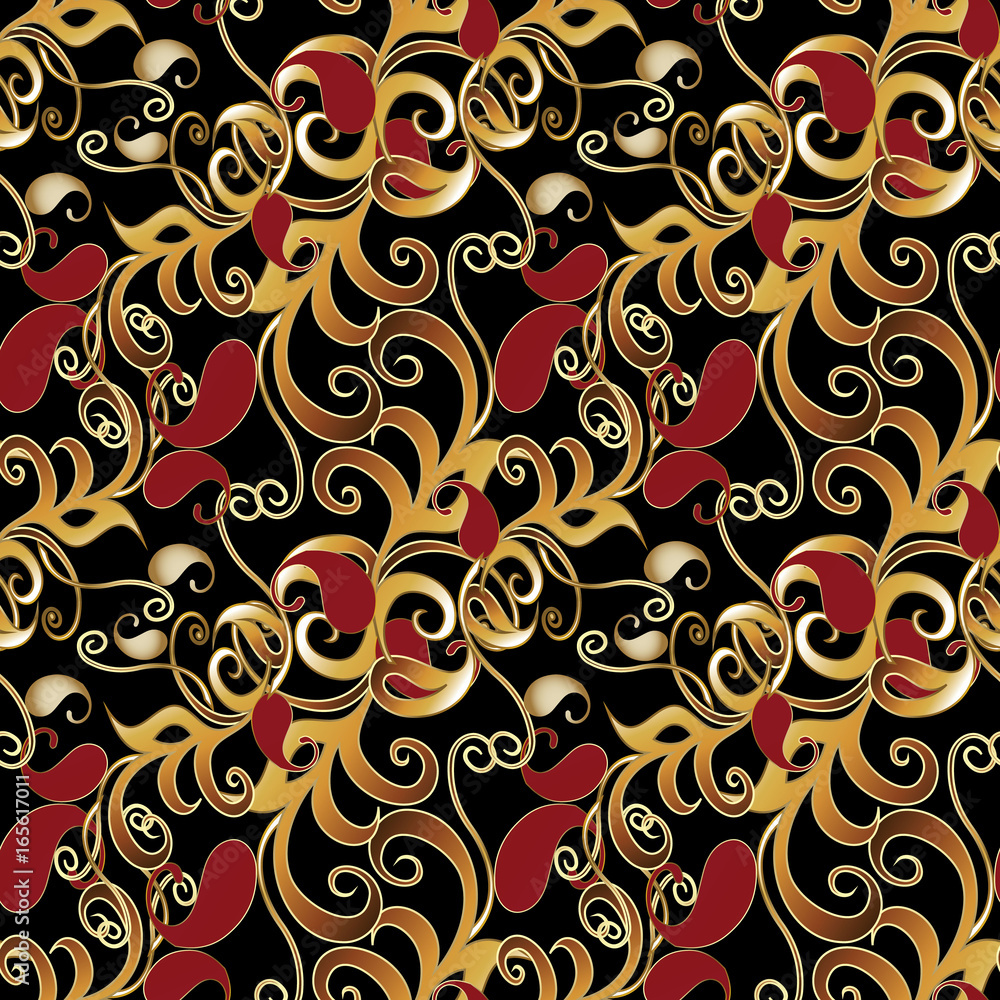 Paisley seamless pattern. Black floral background wallpaper illustration with vintage gold red paisley flowers and oriental arabic ornaments. Luxury fabric pattern texture for textile, prints, walls Stock Vector