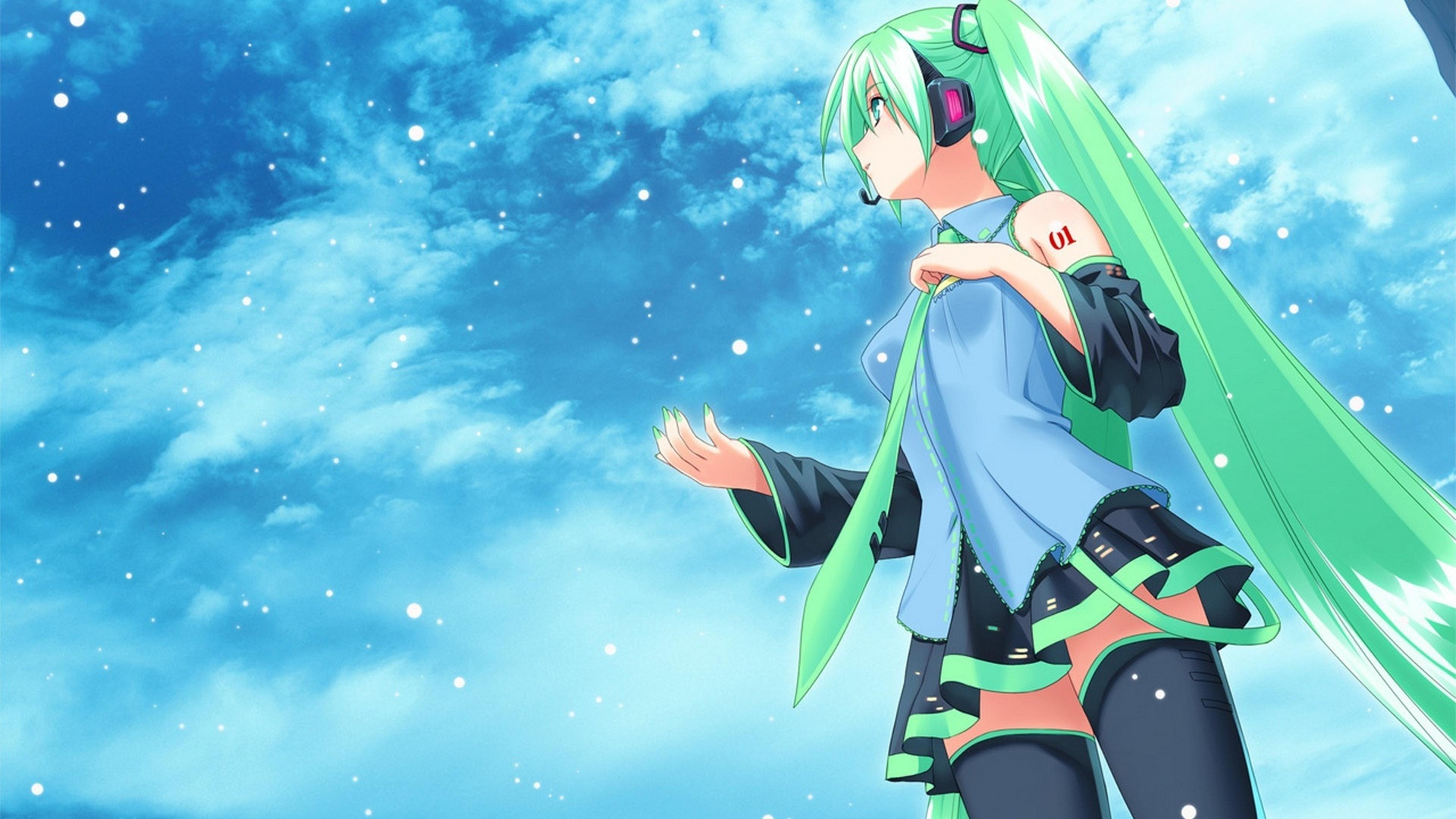 An anime girl with green hair and a blue sky
