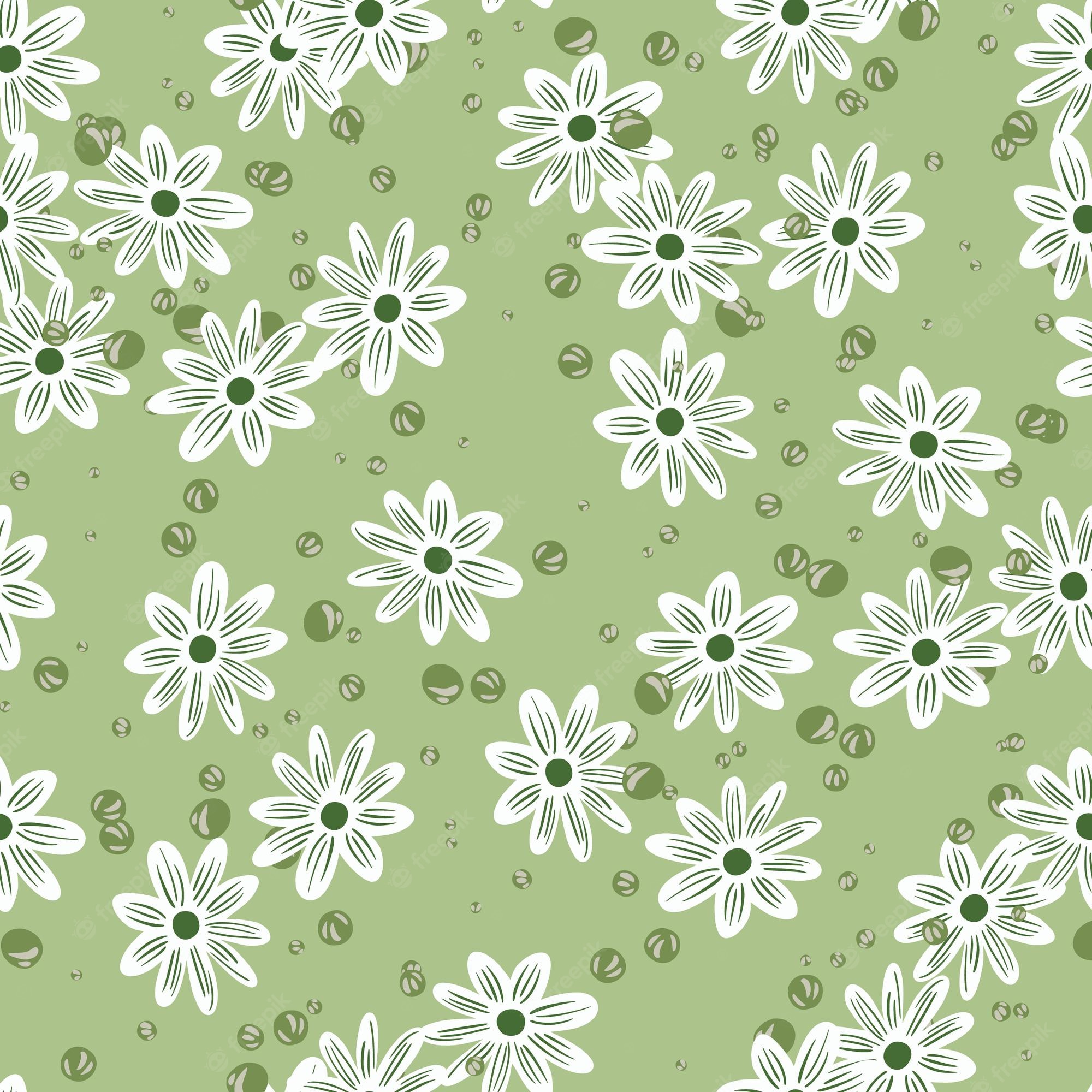 Premium Vector. Hand drawn spring seamless pattern with random white flowers shapes. pastel green background with bubbles. flat vector print for textile, fabric, giftwrap, wallpaper. endless illustration