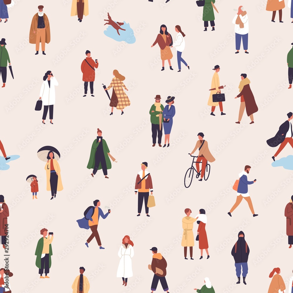 Rain walking people flat vector seamless pattern. Young women and men in autumn clothing decorative background. Stylish guys and girls wearing fall season outerwear. Wallpaper, textile design. Stock Vector