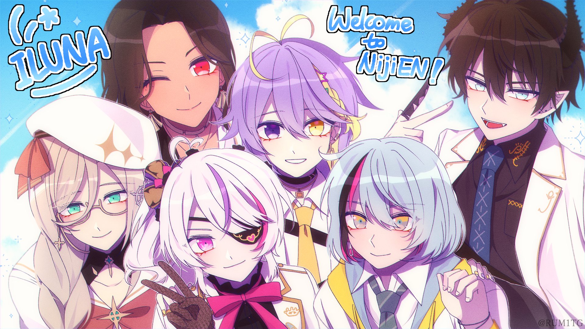 aia amare, aster arcadia, kyo kaneko, maria marionette, scarle yonaguni, nijisanji, nijisanji en, commentary, english commentary, highres, 3boys, 3girls, :d, ahoge, antenna hair, aqua eyes, arm up, artist name, bangs, beret, black