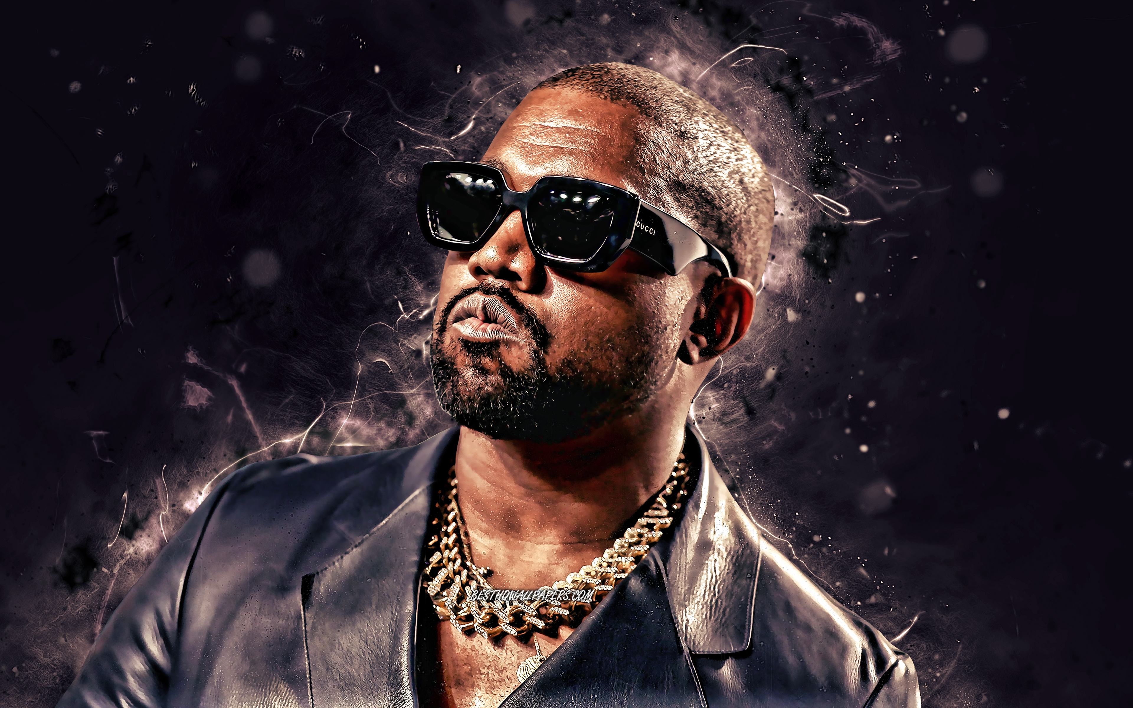 Download wallpaper Kanye West, 4k, violet neon lights, american rapper, creative, music stars, Kanye Omari West, american celebrity, Kanye West 4K for desktop with resolution 3840x2400. High Quality HD picture wallpaper