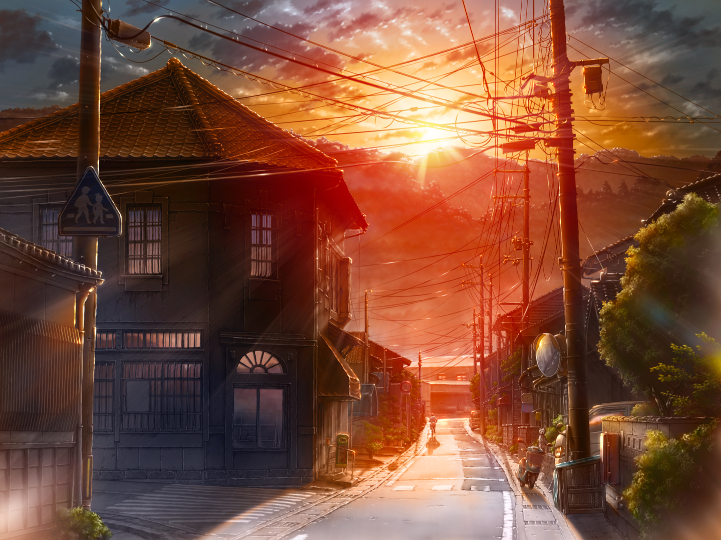 Sunset city anime street wallpaperx1080
