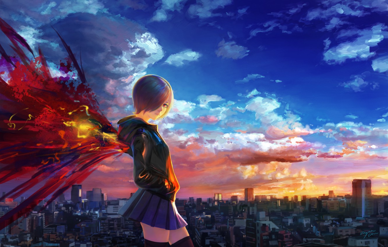 Wallpaper the sky, girl, clouds, sunset, the city, home, wings, anime, art, shitub Tokyo ghoul, kirishima bring, tokyo ghoul image for desktop, section сэйнэн