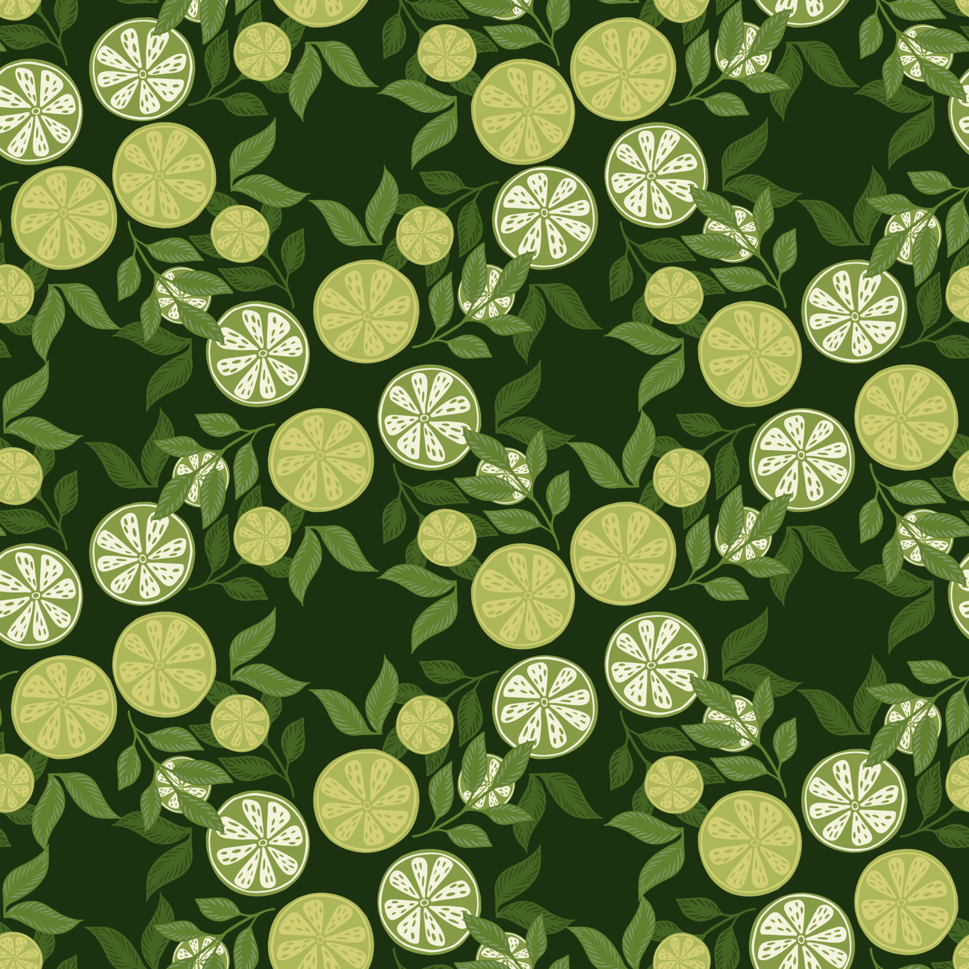 Natural seamless pattern with summer time line slices print. Green colors. Leaves elements. Floral print