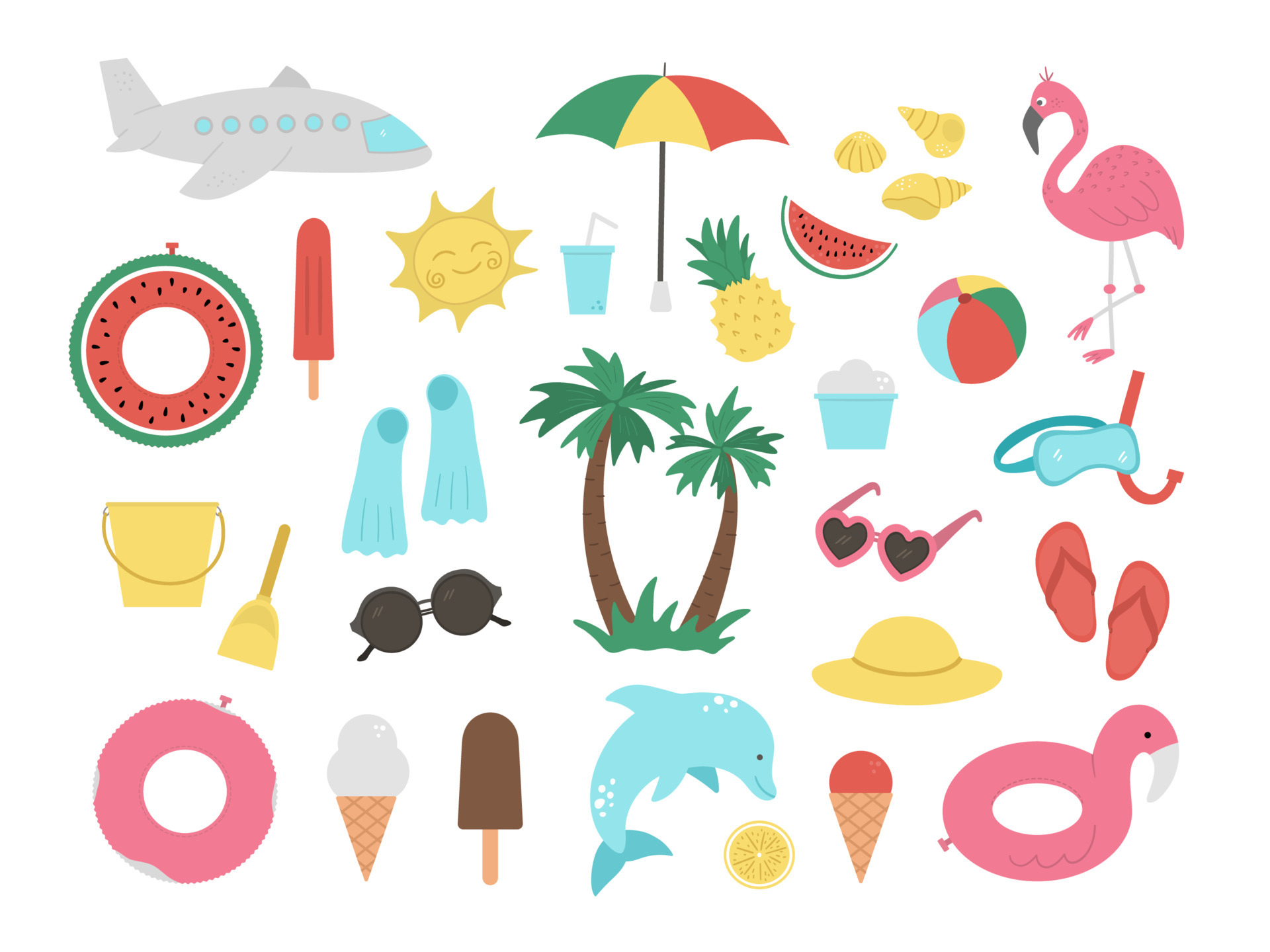 Vector set of summer clipart elements isolated on white background. Cute flat illustration for kids with palm tree, plane, sunglasses, funny inflatable rings. Vacation beach objects