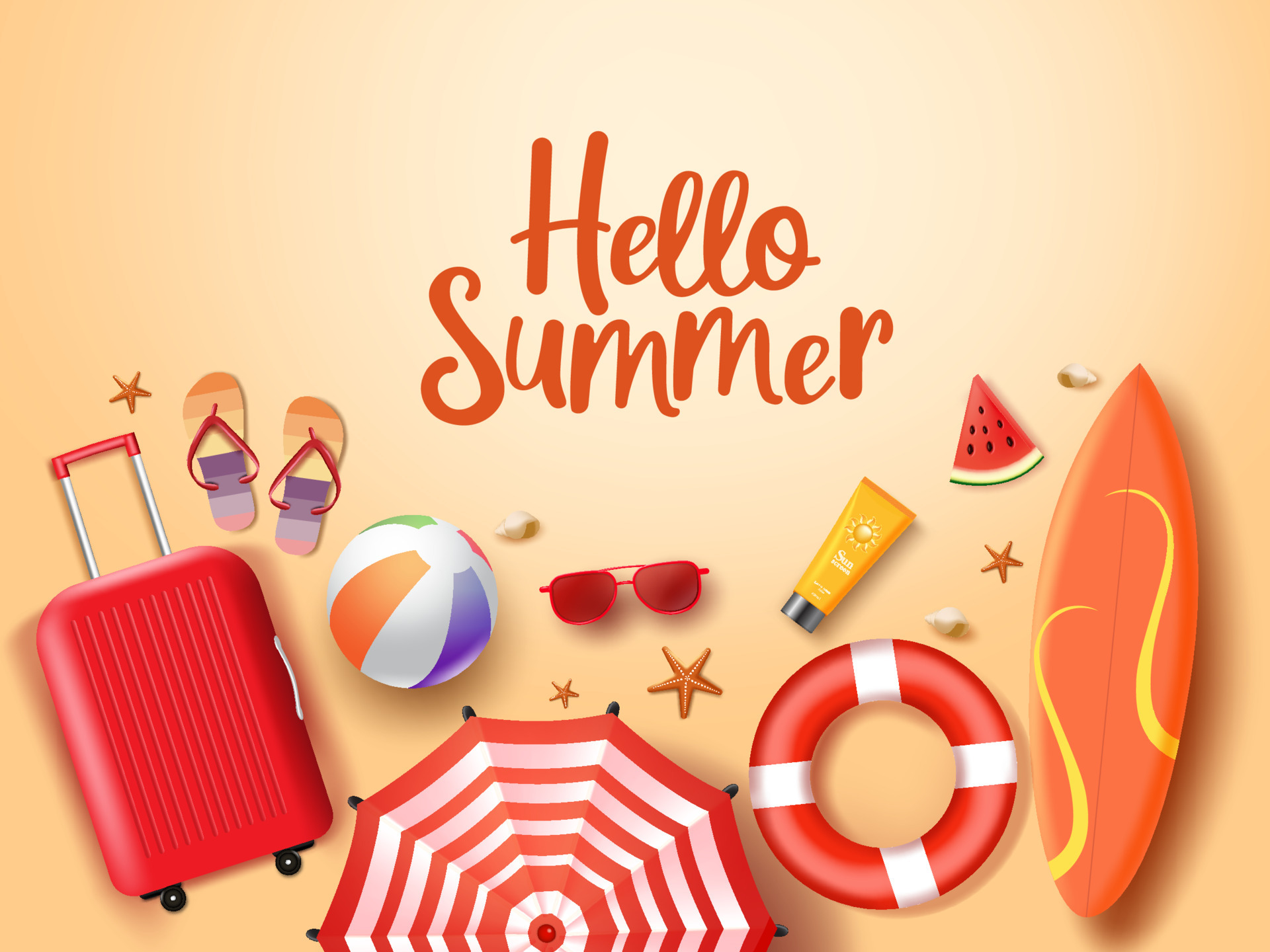 Hello summer vector background design. Hello summer greeting text in sand with beach element of watermelon, sunglasses, sun screen, beach ball, lifebuoy, umbrella, surfing board, and luggage