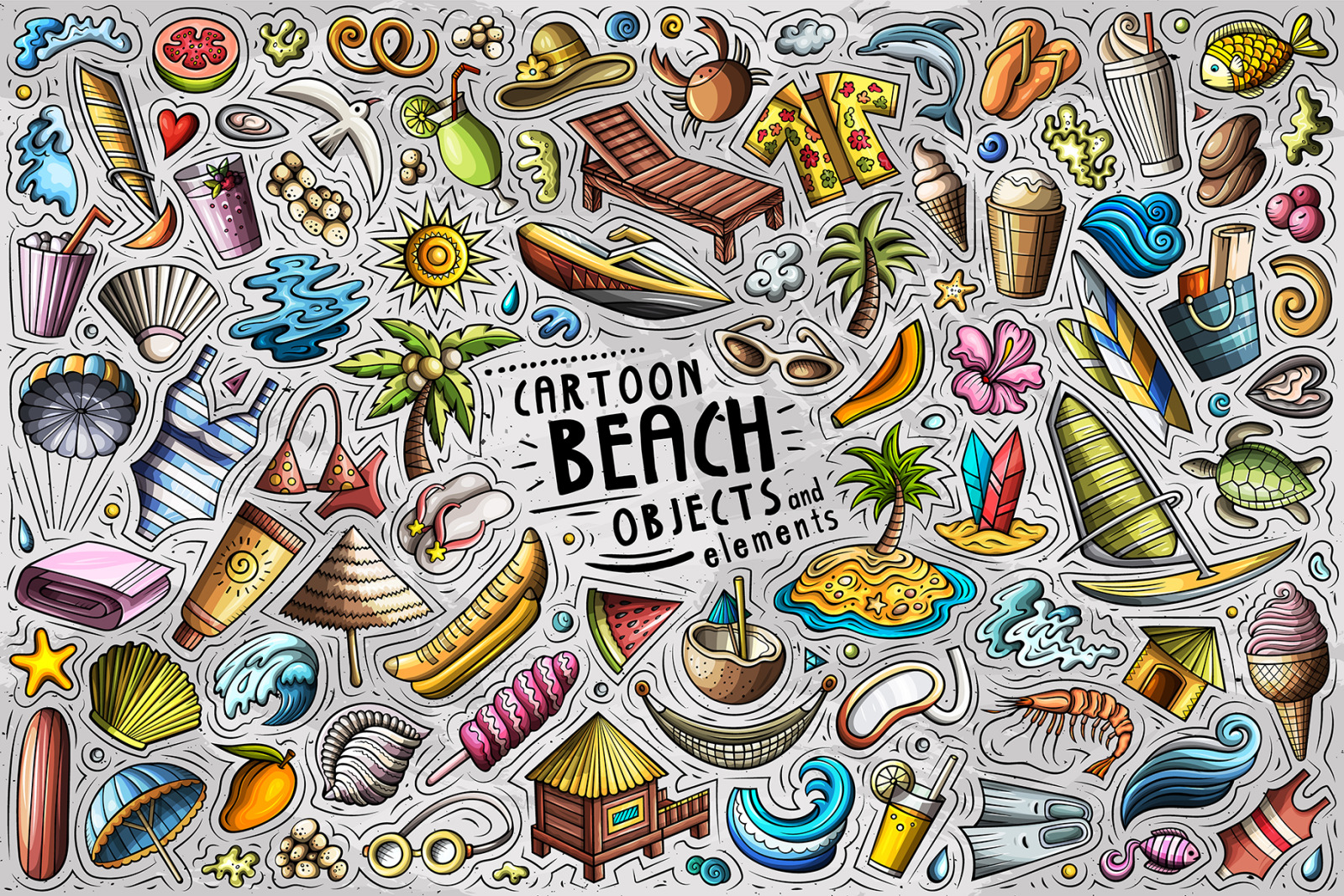 Summer Beach Cartoon Objects and Symbols Collection on Yellow Image Creative Store
